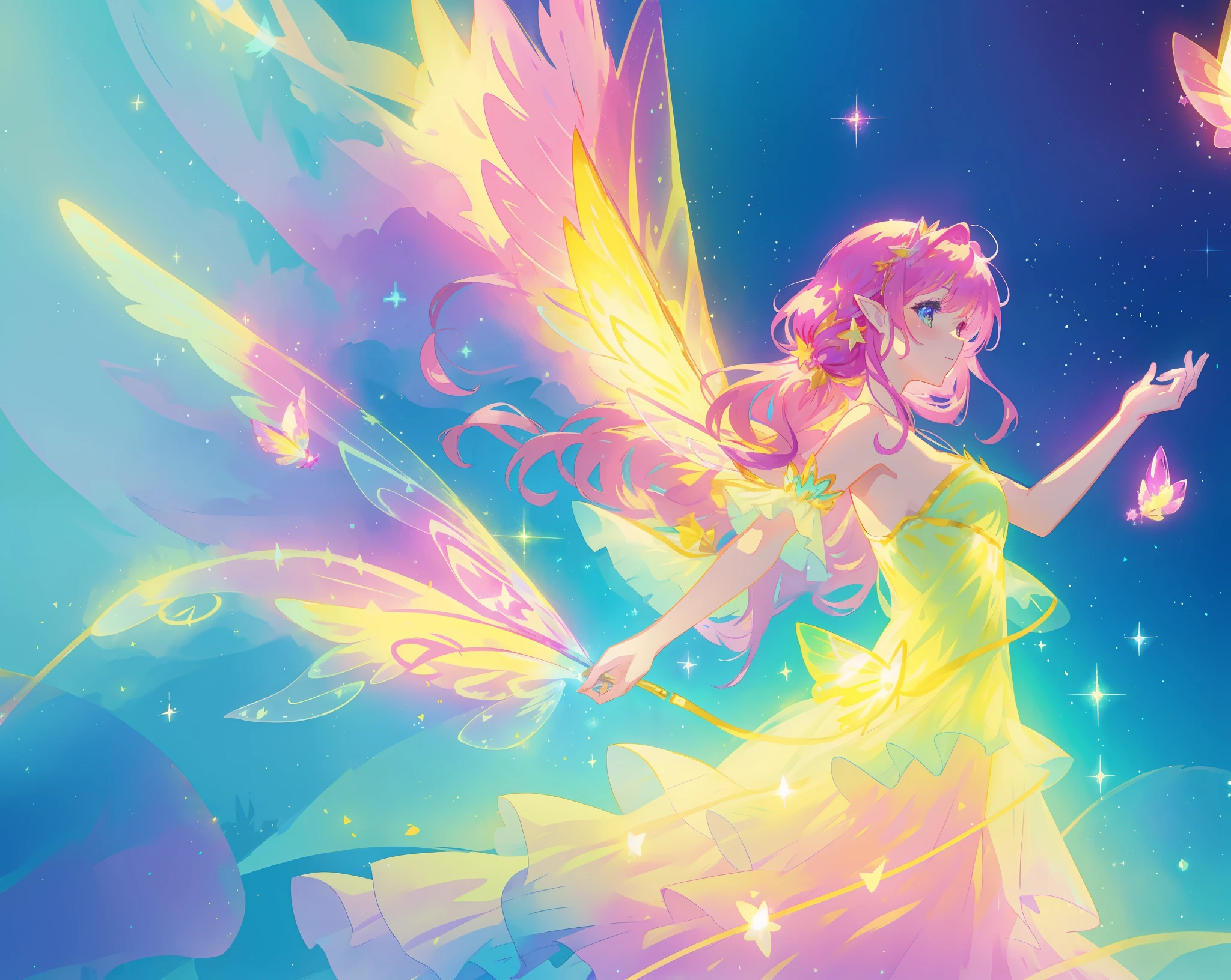 beautiful fairy girl in fluttering yellow dress, layered sparkling fairy dress, (huge sparkling pink fairy wings), long dark purple hair, fairy queen, ((magical colorful otherworldly background)), colorful fantasia background, (glowing fairy wings), glowing flowing ballgown, long hair, sparkling fairy wings, watercolor illustration, glowing aura around her, glowing lights, beautiful digital illustration, fantasia otherworldly background, beautiful, (masterpiece), best quality