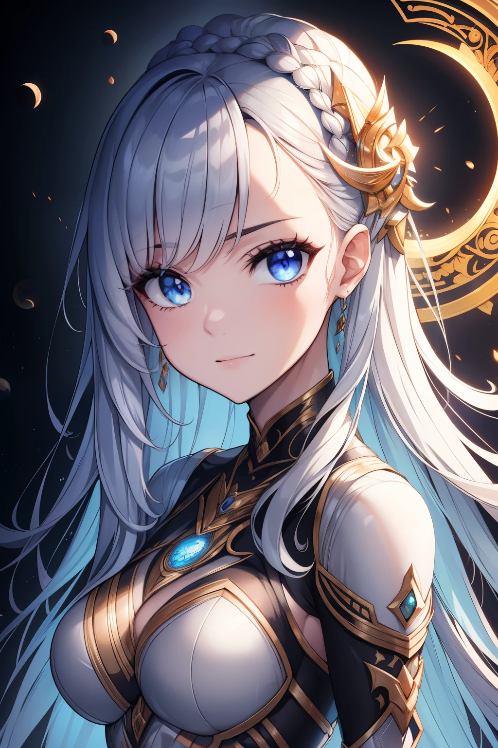 (Mejor calidad,Ultra - detallado,best illustration,Mejor sombra,tmasterpiece,A high resolution,Ilustraciones profesionales,Obras de arte famosas),ojos detallados,ojos hermosos,Escote de primer plano,sci-fy,colored sclera,ojos de robot,Marcas faciales,Tatuado con,(fractalizado,Ojos fractales),ojos grandes,Ojos muy abiertos,(Enfoque ocular),Enfoque de cara,cosmic eyes,Ojos espaciales,Primer plano de la escultura de metal de una mujer con una luna en el pelo,Goddes。Detalles extremadamente altos,3 D Retrato de la Diosa,Extremely detailed images of the goddess,Un impresionante retrato de una diosa,Imagen lateral de la diosa,Retrato de una hermosa diosa,Retrato de cuerpo entero de la diosa,hecate goddess,Portrait of a Norse goddess of the moon,Diosa del espacio y el tiempo
