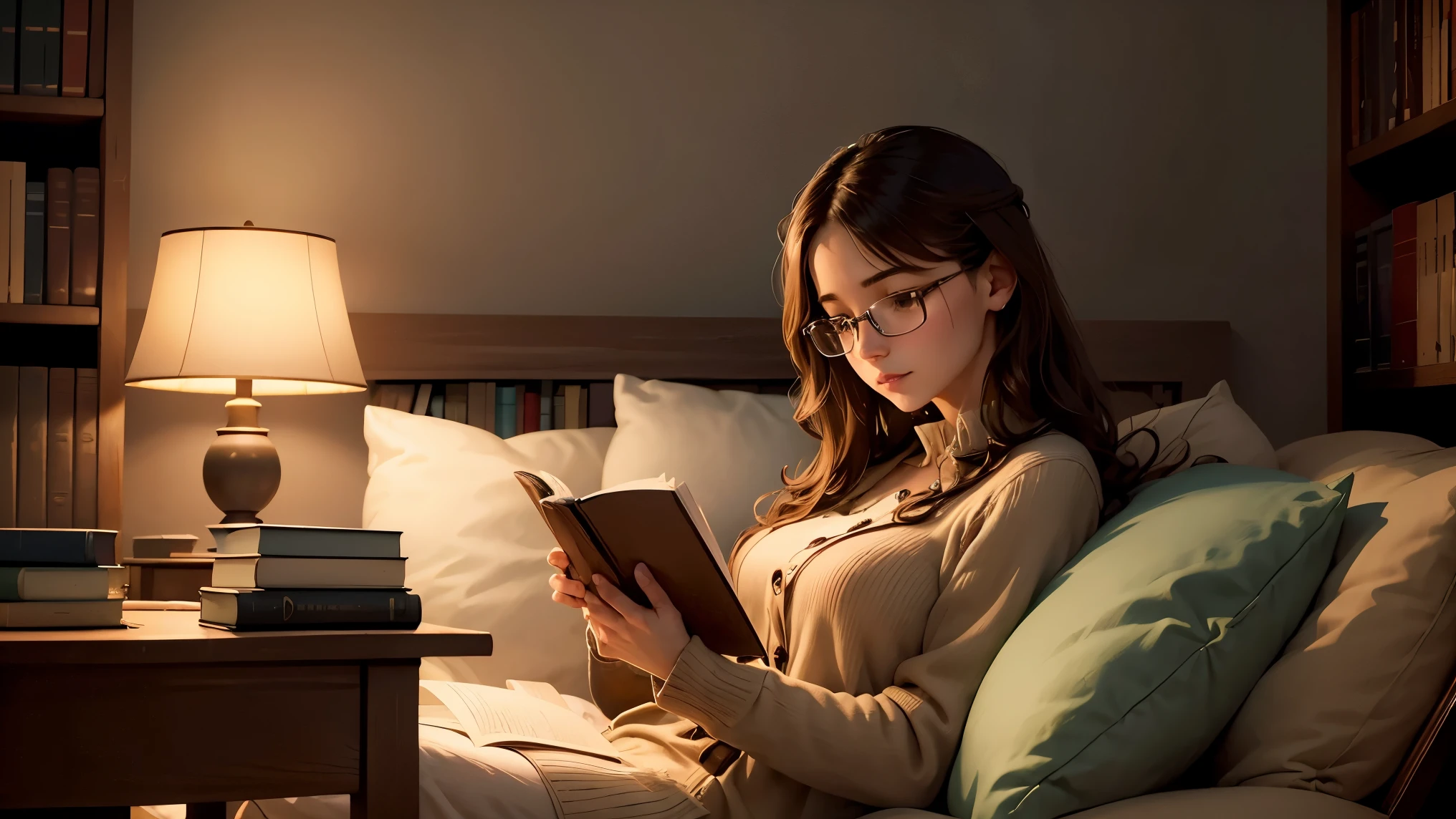 bookworm, surrounded by books, holding a cup of coffee, coffee mug, cozy reading nook, comfortable armchair, reading glasses, bookmark, bookshelf, book covers, book pages, bookcase, library, book lover's paradise, warm lighting, peaceful atmosphere, vintage novels, leather-bound books, wooden shelves, worn-out pages, a steaming cup of coffee, aromatic coffee beans, relaxing aroma, quiet ambiance, captivating storylines, imaginative worlds, intellectual escape, focused reading, serene solitude, literary sanctuary, curled-up posture, engrossed in a book, enchanted by the words, deep in thought, serene expression, coffee stain on the book, coffee aroma and pages intertwined, cozy blanket, literary treasures, worn-out armchair, flickering candlelight, inspiring quotes, the turning of pages, timeless classics, hidden gems, cherished tales, immersive reading experience, whispered pages, unfolding adventures, literary journey, tranquil reading escape, mindfulness, a symphony of words, coffee awakening the senses, blissful escape, literary paradise, intellectual nourishment, peaceful haven of knowledge. (best quality, highres), (coffee:1.1), (relaxing:1.2), (cozy:1.1), (serene:1.1), (peaceful:1.1), (quiet:1.1), (warm:0.9), (vintage:1.1), (aromatic:1.1), (captivating:1.1), (imagination:1.1), (intellectual:1.2), (escape:1.1), (immersive:1.2), (timeless:1.1), (tranquil:1.1), (mindfulness:1.1), (blissful:1.1), (nourishment:1.1).
