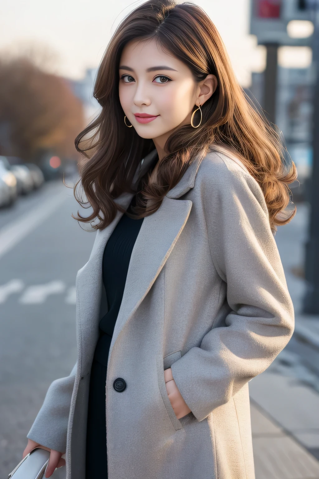 highest quality,ultra high resolution,RAW photo,1 girl,loose perm hair、dark brown hair、Japanese、loose perm hair、smile、professional photos、Same skin type as Humanra in the background、I draw it faithfully to the anatomy...、very detailed and beautiful、super high quality、Hair swaying and sexy、highly detailed beautiful girl、from head to waist、earrings、necklace、from head to waist.Sparkling、白色ロングcoat、coat、gray coat、looked back、winter、bag