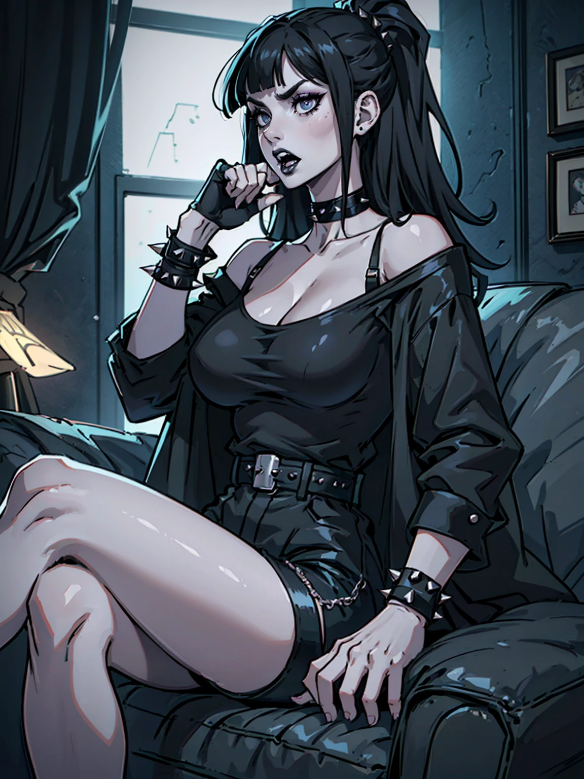 Goth Woman, pale skin, black lipstick, long straight black hair with bangs, choker with spikes, black clothes, big breasts, thin waist, wide hips, attractive face, black t-shirt, black shorts, spiked bracelet, talking on a cell phone, open mouth talking, on a cell phone call, sitting on the sofa