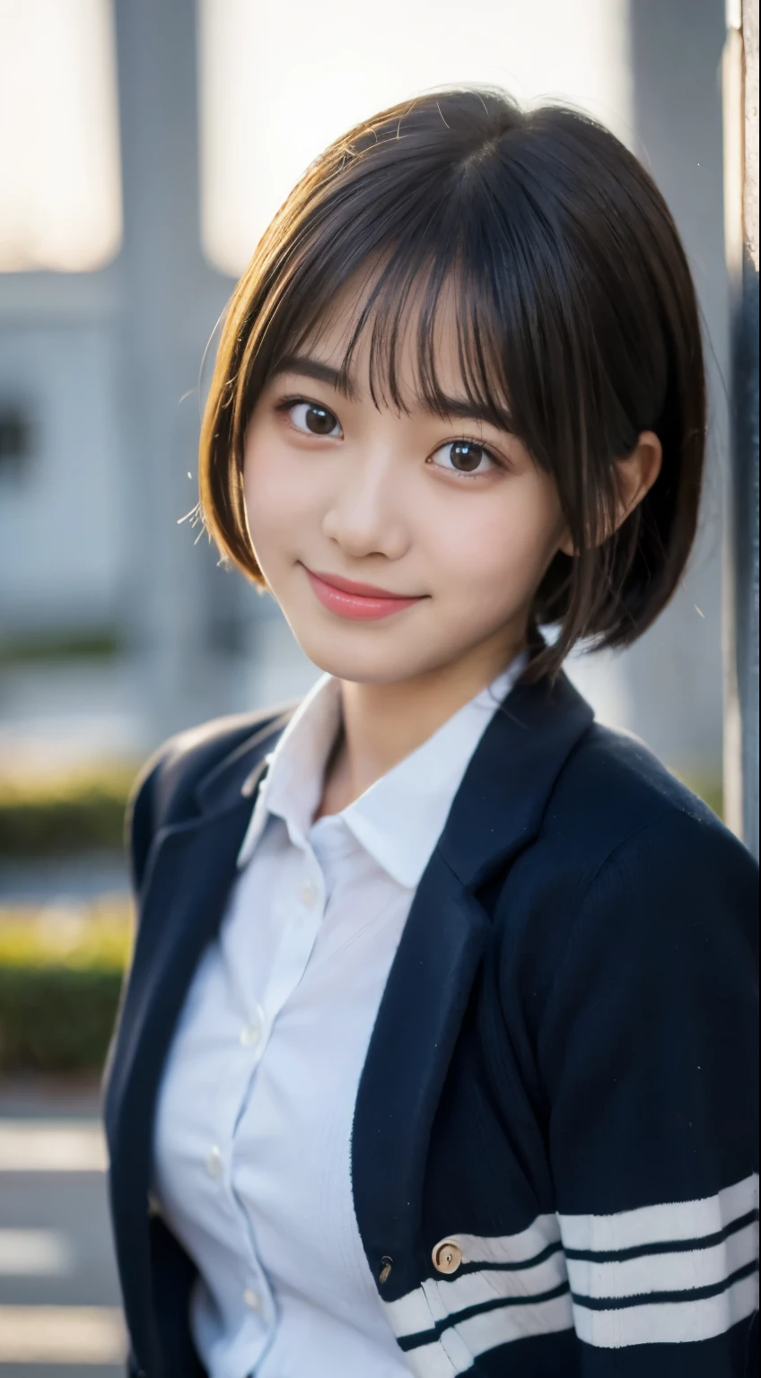 (highest quality,8K quality,masterpiece:1.3),(Super high resolution,Photoreal:1.4,Raw photo),(super detailed,caustics,detailed background),(ultra-realistic capture,Beautifully detailed skin,perfect anatomy),at dusk,sunset sky,school building,schoolyard,18-year-old,cute,single eyelid,black short bob,School Blazer Uniform,look at the camera,laughter,bust up shot,natural soft light