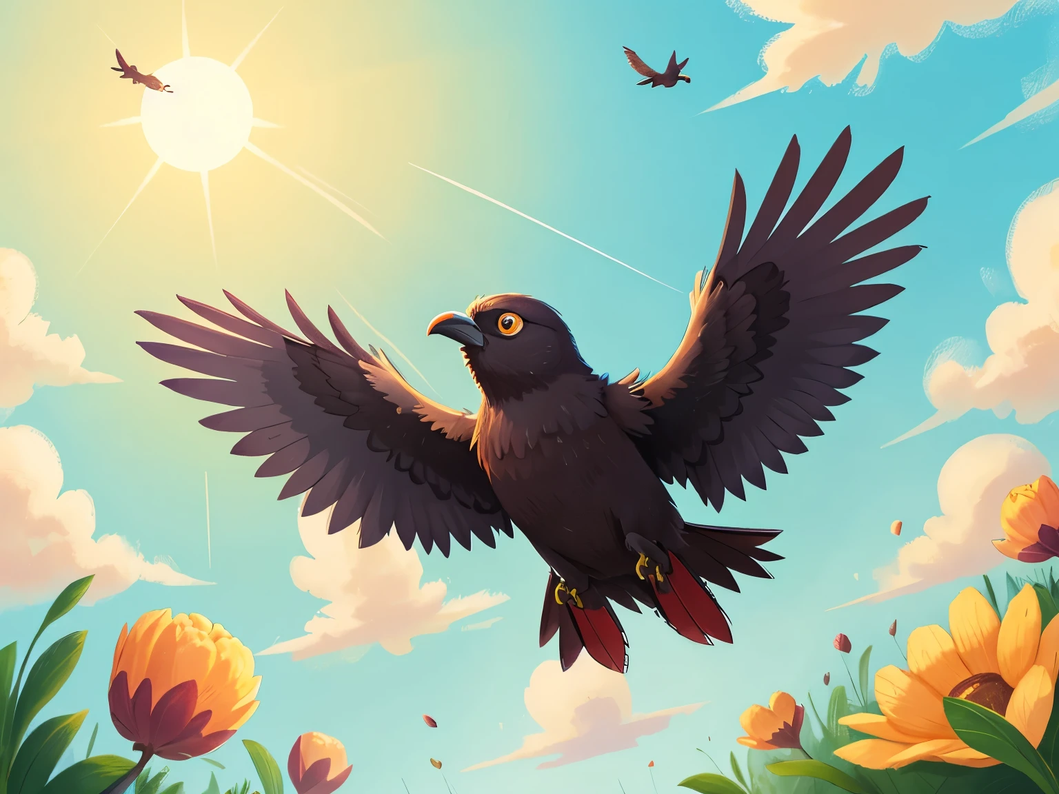 a flying crow,close up,sun,Sky,illustration,detail,high quality,HD