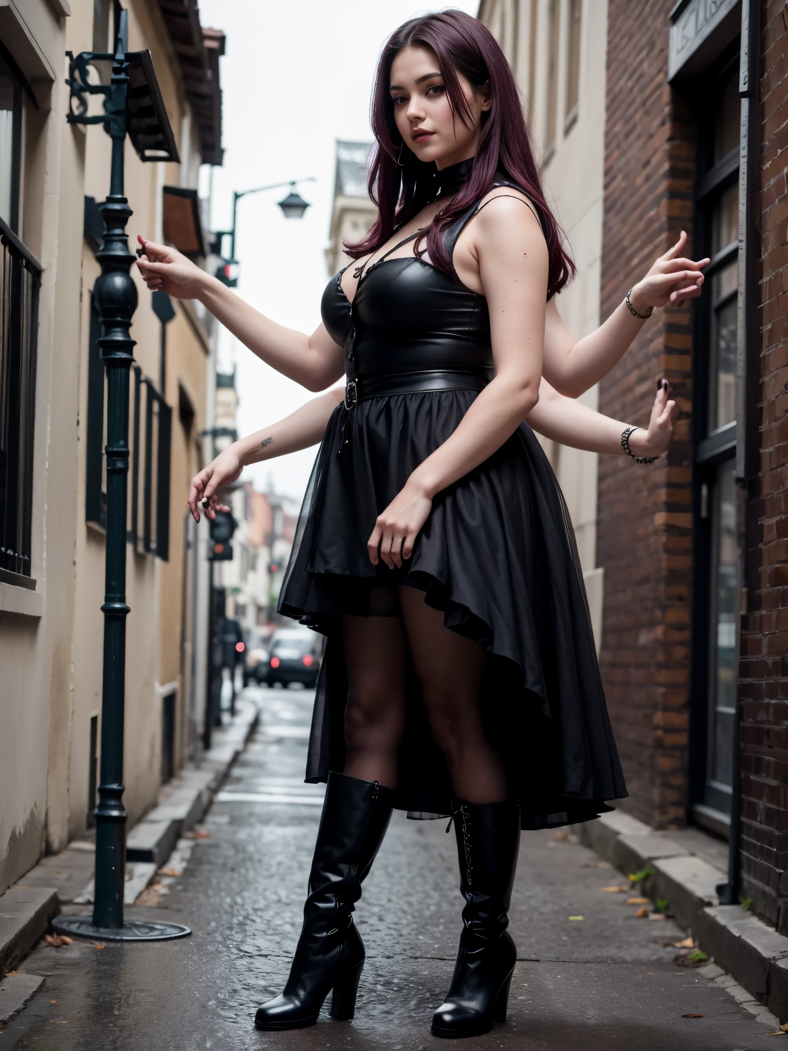 Goth girl, age 28, beautiful, realistic, six arms, chubby, burgundy hair, black dress, black boots,