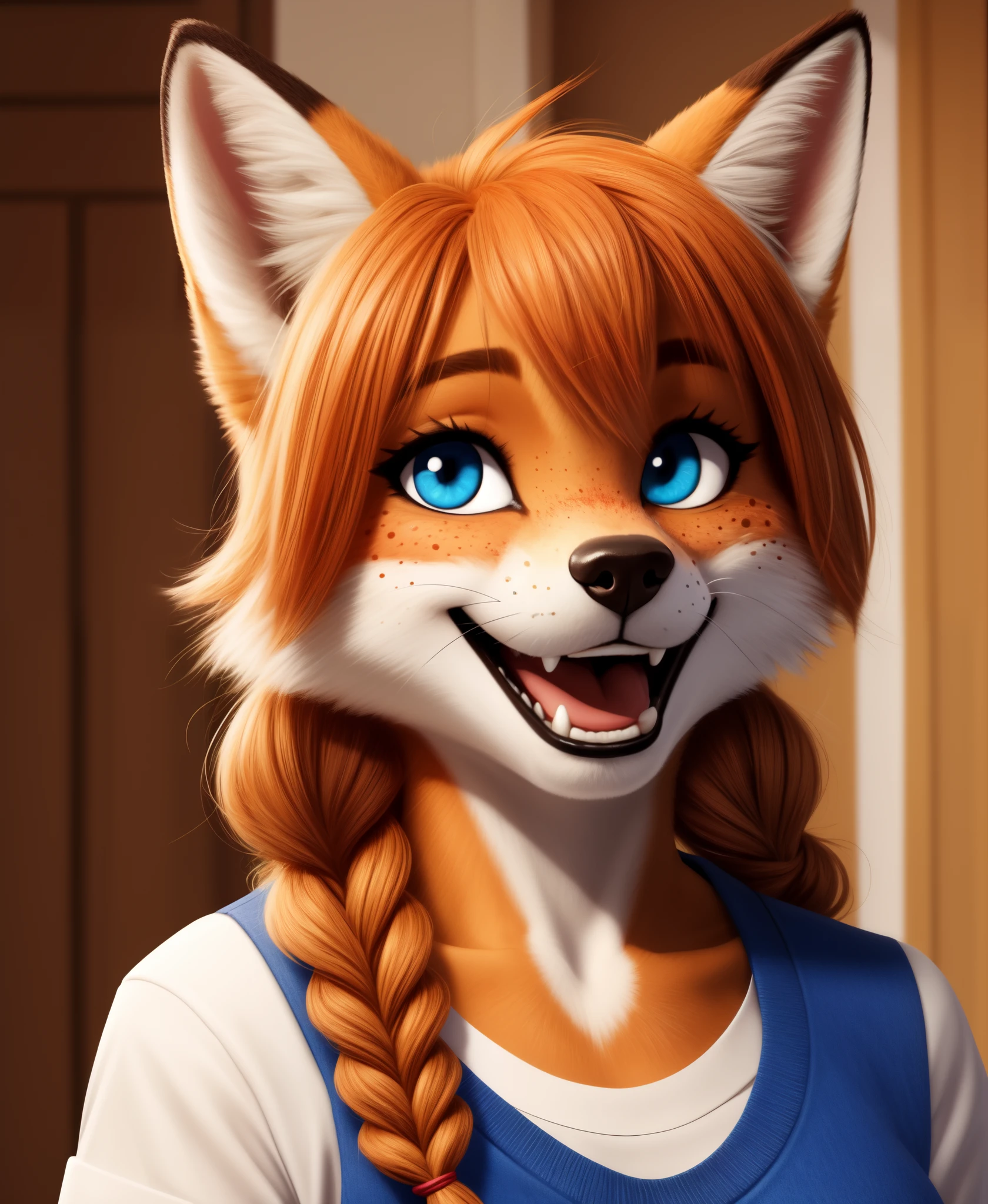 1girl, solo, red_fox_girl, anna, 1girl, blue eyes, freckles, twin braids, orange hair, red_fur, gleeful, (closed_eyes:0.4), happy, laughing,