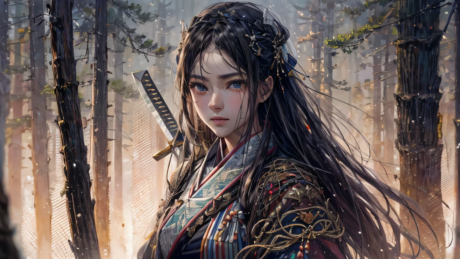 4K, ((very delicate))realistic, high resolution, woman in pine forest, alone, dark night, a ray of moonlight, dark brown hair, long hair, tearful sadness, angry lips, look at the viewer, (detailed face), super super big, 1 long, thin Joseon sword, big bust, thick thighs, Joseon Dynasty warrior wearing a bikini, 25 years old, looking straight ahead, Zoom in from face to waist,