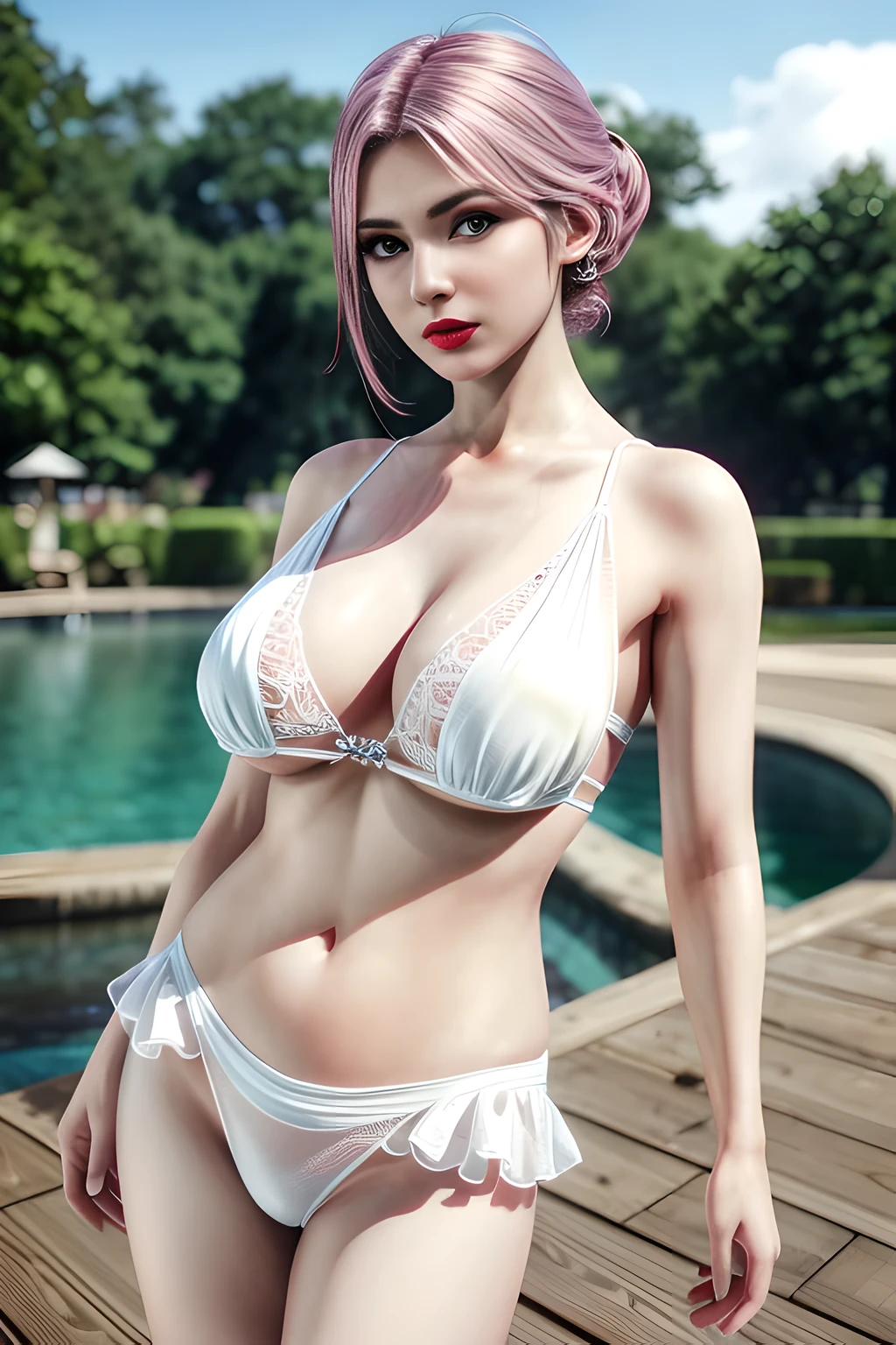 1 girl,Alice,(Wedding dress),bikini moda,outdoor,  (standing posture),grace,(((red lips))), Lips slightly open,  clavicle,Lactation,(huge breasts),shiny skin,((8k, original photo, top quality, masterpiece), HD RAW color photos professional close-up photos, (actual, photorealism: 1.37), (best quality),8k,Fabric luster,alone,