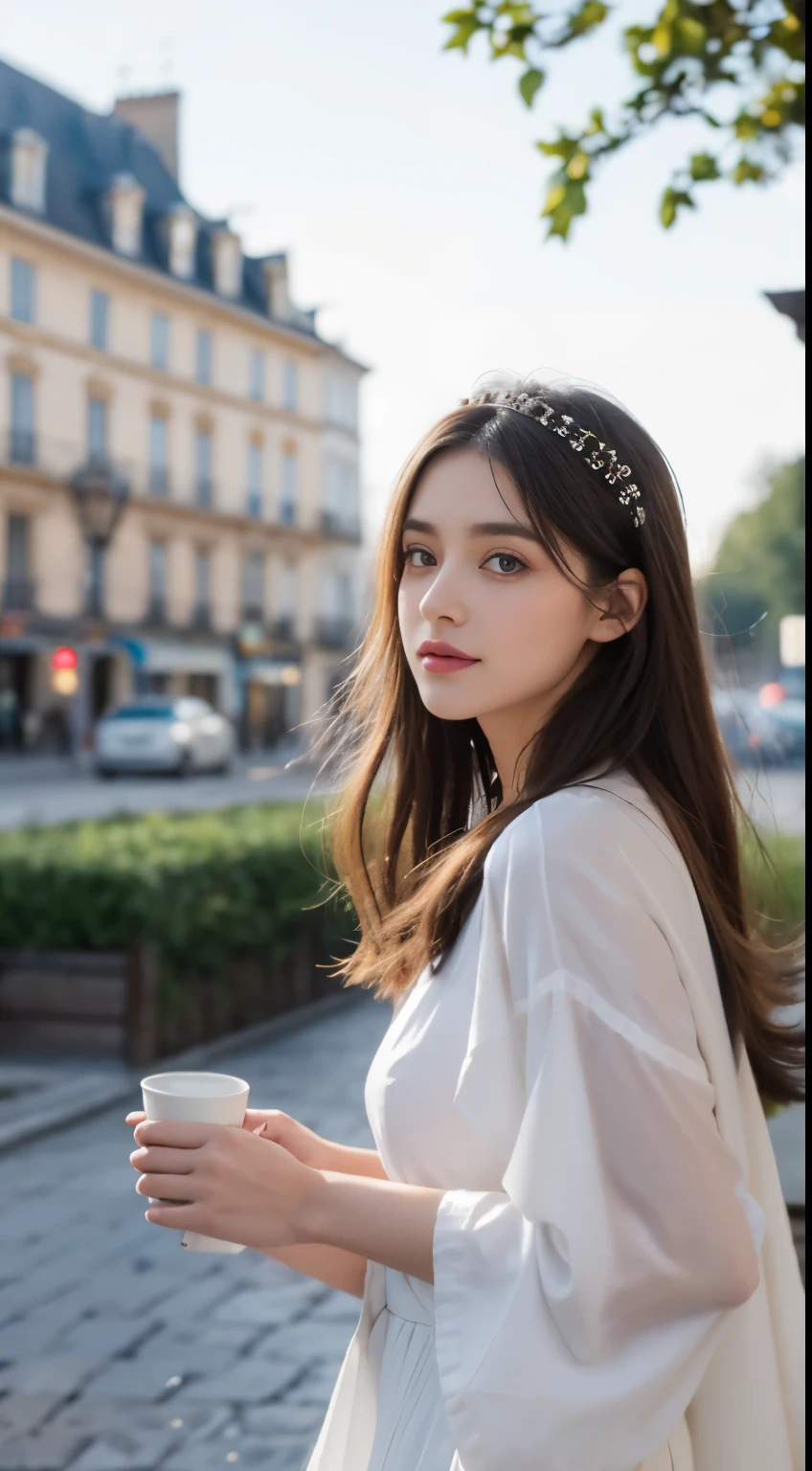 (8K, Photo brute, meilleure qualité)1fille, beau visage, Des cheveux enroulés noirs comme un printemps,humeur mélancolique,Accessoires pour cheveux délicats,Robe de fée blanche,Asseyez-vous et regardez par la fenêtre, café, en plein air,Ciel pluvieux,Bokeh d'arrière-plan,Focaleurs,grain de film,