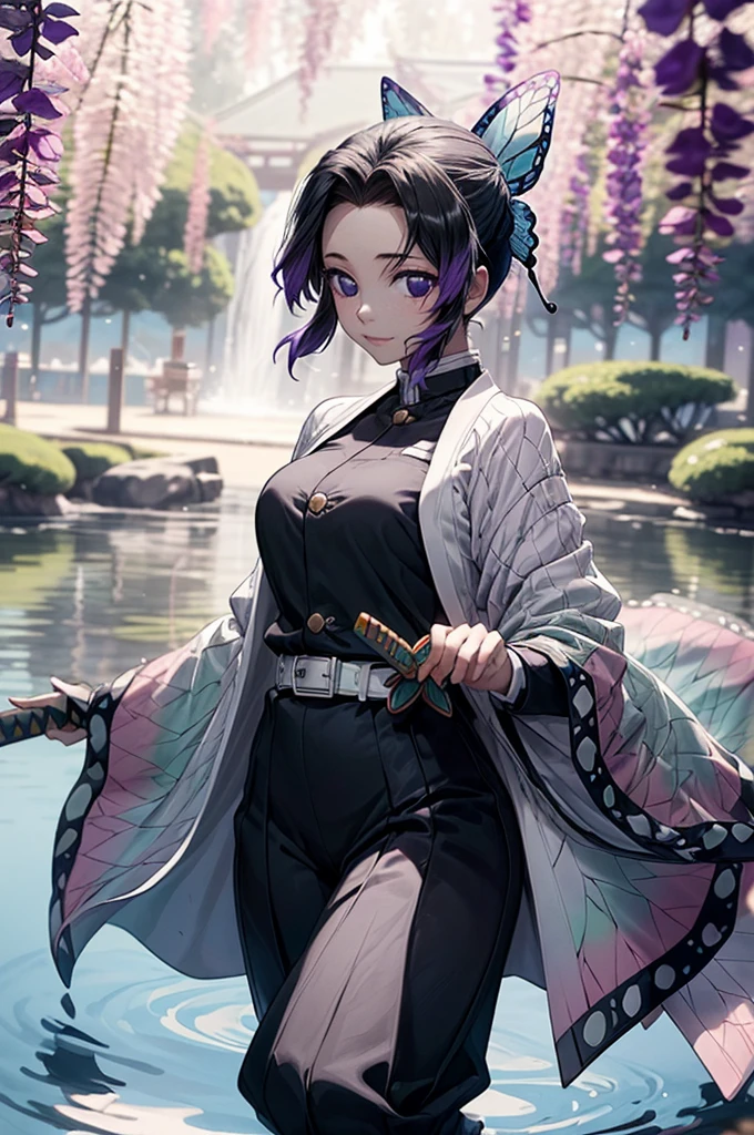 Extremely detailed and high-resolution masterpiece of Kocho Shinobu, the beautiful and deadly Demon Slayer in dynamic action. Add emphasis on the intricate details of her butterfly-themed outfit and the fierce expression on her face. Set the scene on a sunny day, with a serene pond and cherry blossom petals in the background. Use rich colors and volumetric light to create a sense of ethereal beauty and power.