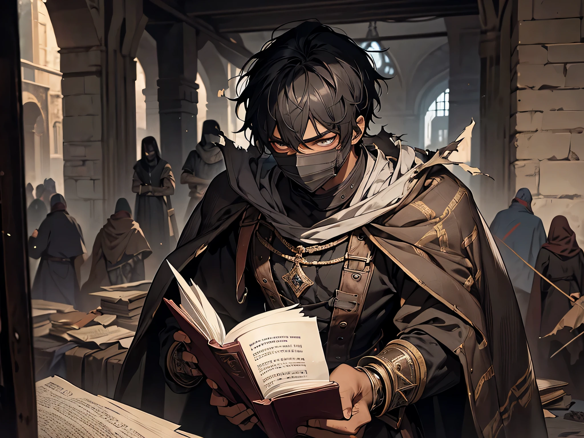 thin young man, dark skin wearing mask, slavery, this man is a slave, black hair, medieval times, torn clothes, ragged oversized clothes, bruised, punch scars, bloody face, reading a book, imprisoned, poor
