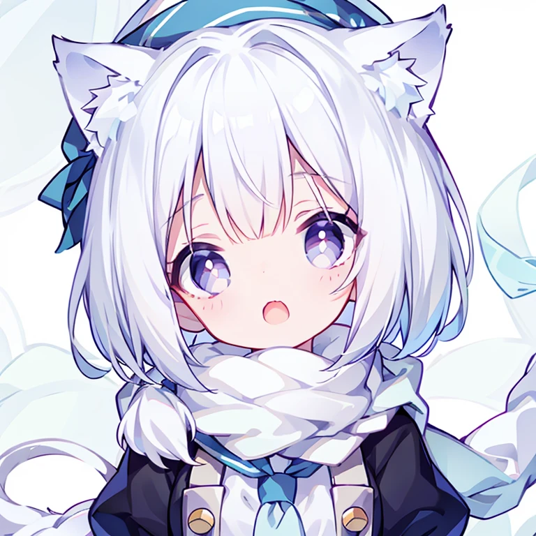 shining eyes、small breasts、Childish clothes、big mouth、Cat ear、light green hair、bob hair、scarf