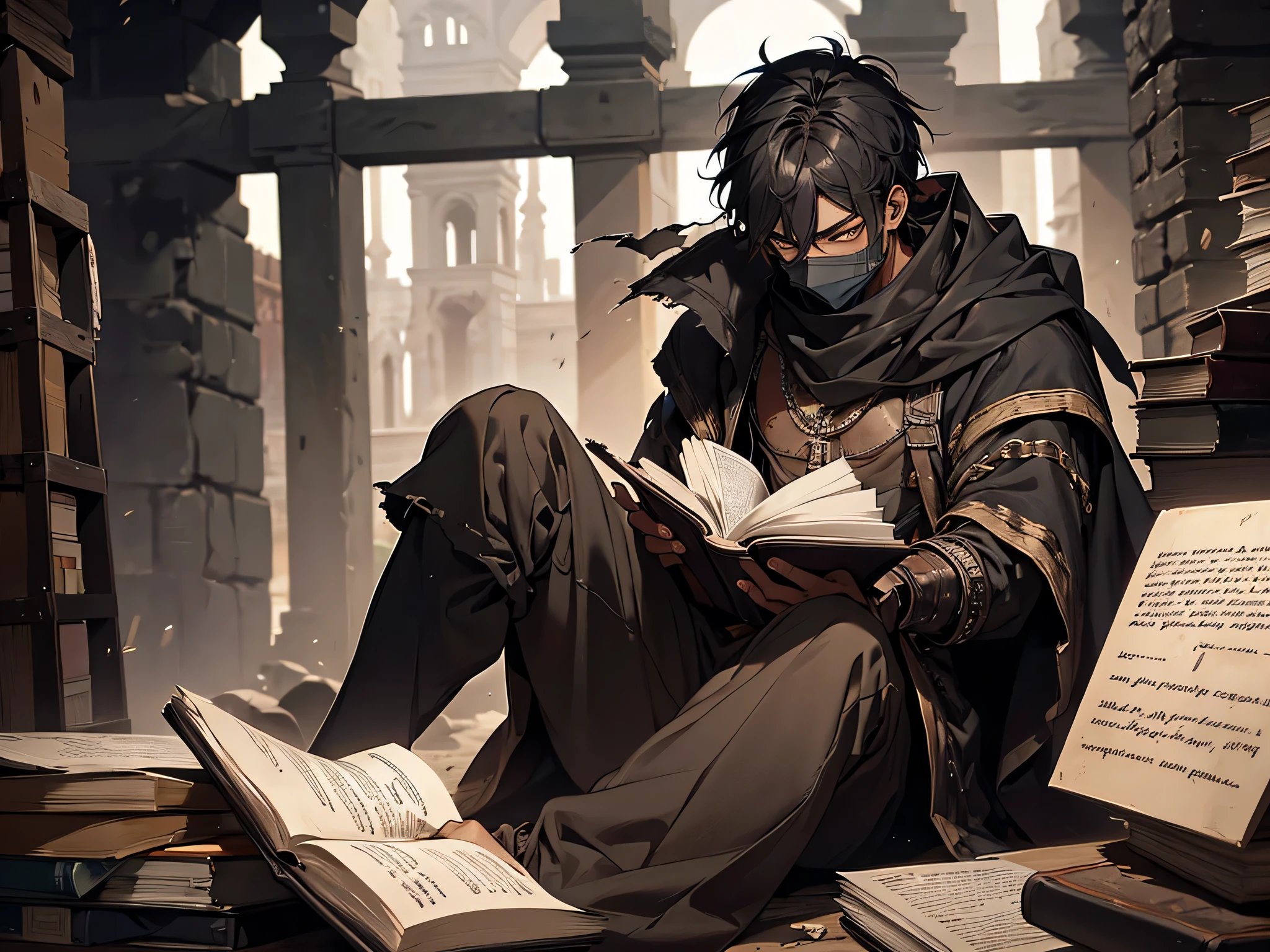 thin young man, dark skin wearing mask, slavery, this man is a slave, black hair, medieval times, torn clothes, ragged oversized clothes, bruised, punch scars, bloody face, reading a book, imprisoned, poor