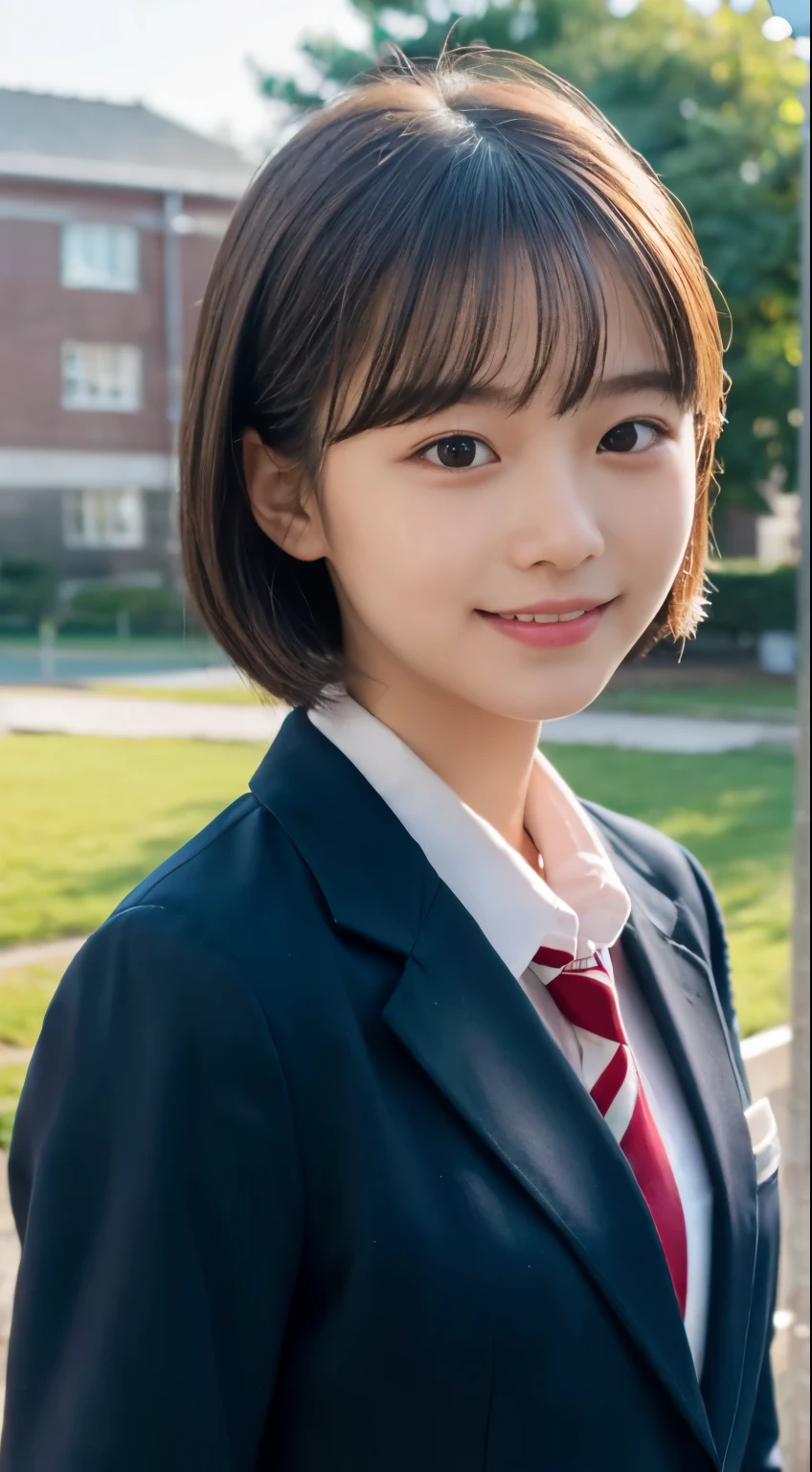 (highest quality,8K quality,masterpiece:1.3),(Super high resolution,Photoreal:1.4,Raw photo),(super detailed,caustics,detailed background),(ultra-realistic capture,Beautifully detailed skin,perfect anatomy),at dusk,sunset sky,school building,schoolyard,18-year-old,cute,single eyelid,black short bob,School Blazer Uniform,look at the camera,laughter,bust up shot,natural soft light