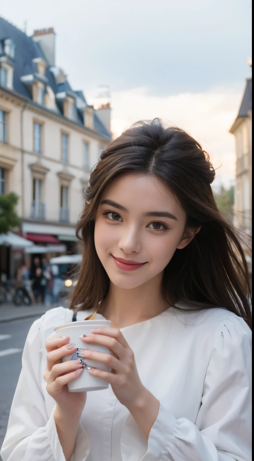（8K, Photo brute, meilleure qualité）1fille, beau visage, Des cheveux enroulés noirs comme un printemps,humeur mélancolique，Accessoires pour cheveux délicats，Robe de fée blanche，Asseyez-vous et regardez par la fenêtre， café, en plein air,Ciel pluvieux，Bokeh d&#39;arrière-plan，Focaleurs，grain de film, smile