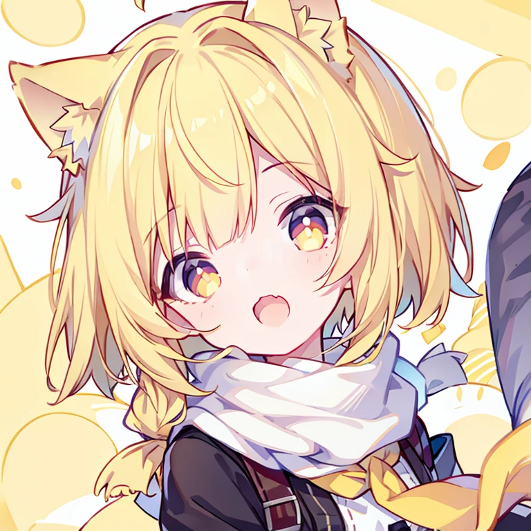 shining eyes、small breasts、Childish clothes、big mouth、Cat ear、light green hair、bob hair、scarf