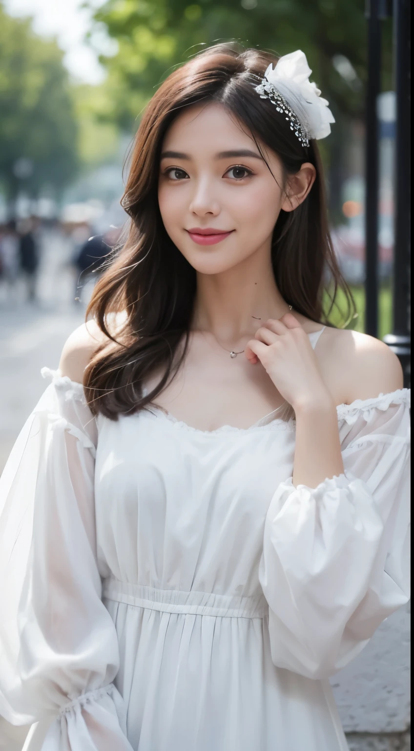(8K, Photo brute, meilleure qualité)1fille, beau visage, Des cheveux enroulés noirs comme un printemps,humeur mélancolique,Accessoires pour cheveux délicats,Robe de fée blanche,Asseyez-vous et regardez par la fenêtre, café, en plein air,Ciel pluvieux,Bokeh d'arrière-plan,Focaleurs,grain de film, smile
