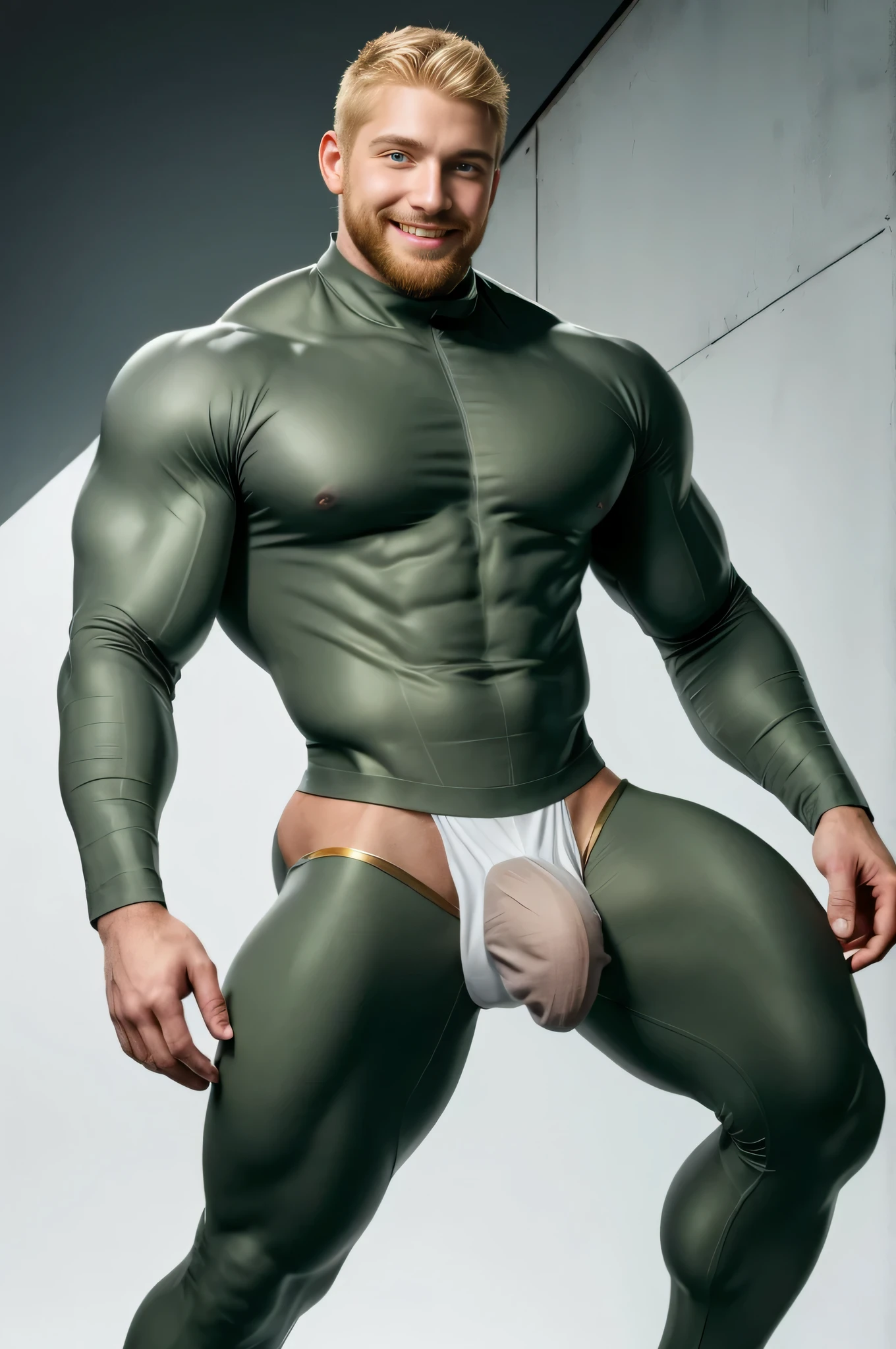 (best quality), 21 years old man, ((dark grey shaved hair)), face smile, blond beard, full body, (huge bulge:1.2), detailed bulge, in a dark green hero skintight suit with golden and black strips, ((white underware)) , banana as a symbol, ((hangar background)), blue eyes