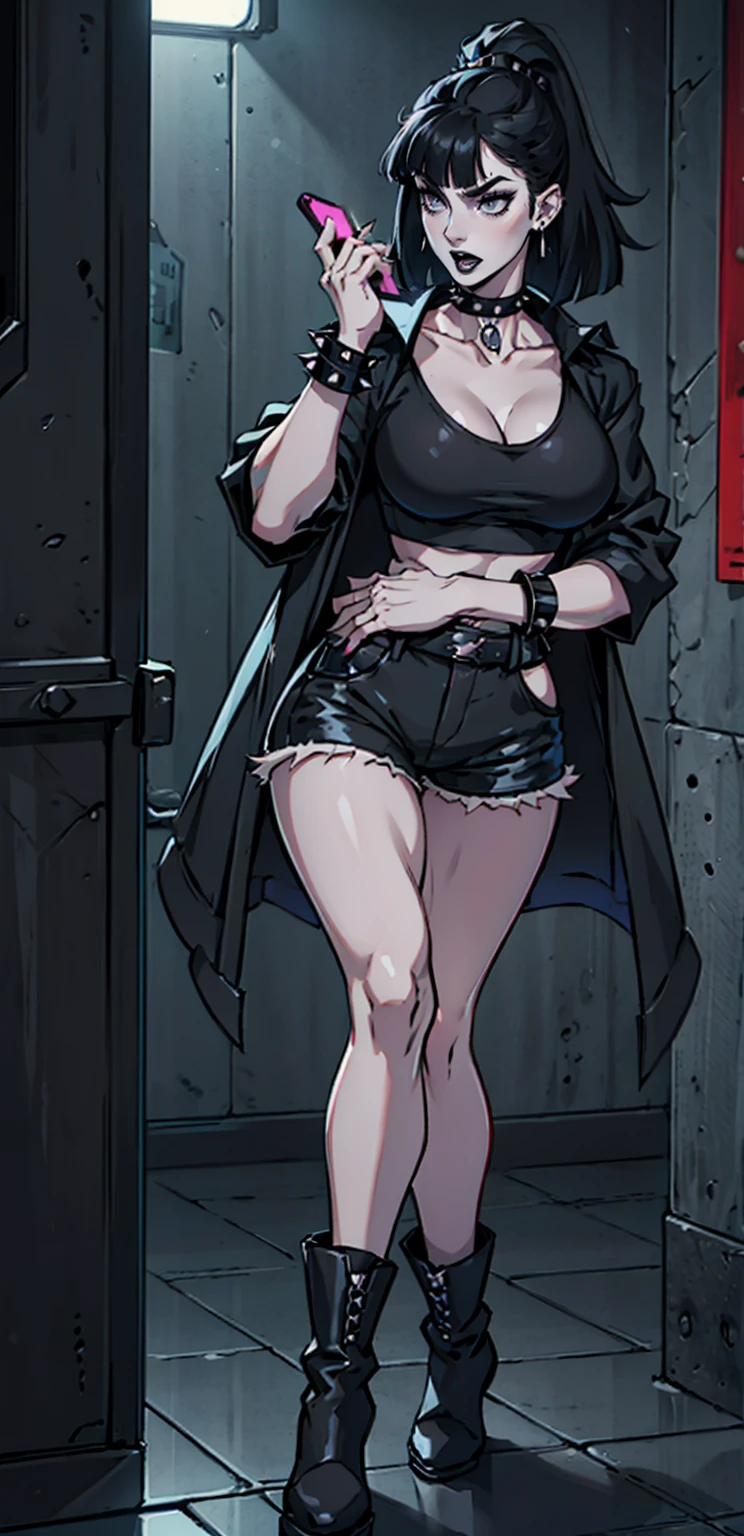 Goth Woman, pale skin, black lipstick, long straight black hair with bangs, choker with spikes, black clothes, big breasts, thin waist, wide hips, attractive face, black t-shirt, black shorts, spiked bracelet, talking on a cell phone, open mouth talking, on a cell phone call, walking on the floor, black boots
