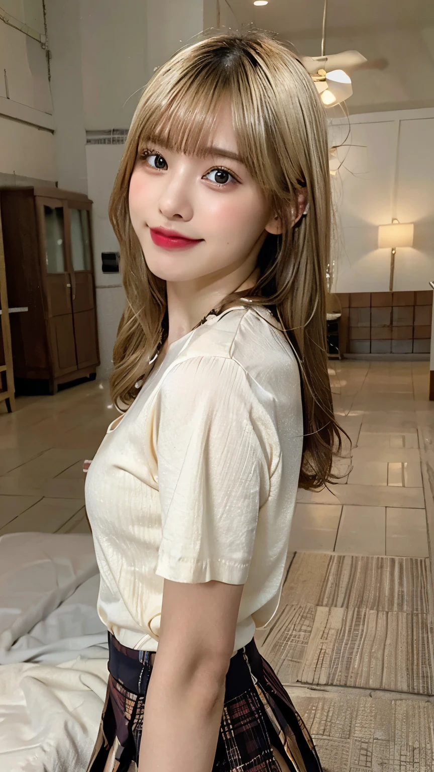 NSFW, 8K RAW photo, highest quality, masterpiece, ultra high resolution, film grain, movie, 1 girl, looking at the viewer, natural skin texture, Realistic eye and face details, full lips, lipstick, (compensate), Random hairstyles、A sloppy smile, close your mouth, beautiful feet, skinny, slim_feet, alone, big 、cleavage, pose with your butt facing yourself, super short skirt, teeth, shirt, beautiful natural location, Around Hanaba, (detailed background), Plaid skirt, white shirt, Show a little cleavage through the shirt, loafers, blurry background, blurry, holding, Plaid, short sleeve, JK ribbon on the neck, JK ribbon, brown hair, bangs, school uniform, jewelry, parted lips, lips, From the side, pleated skirt, Depth of written boundary、((blonde:1.3))、