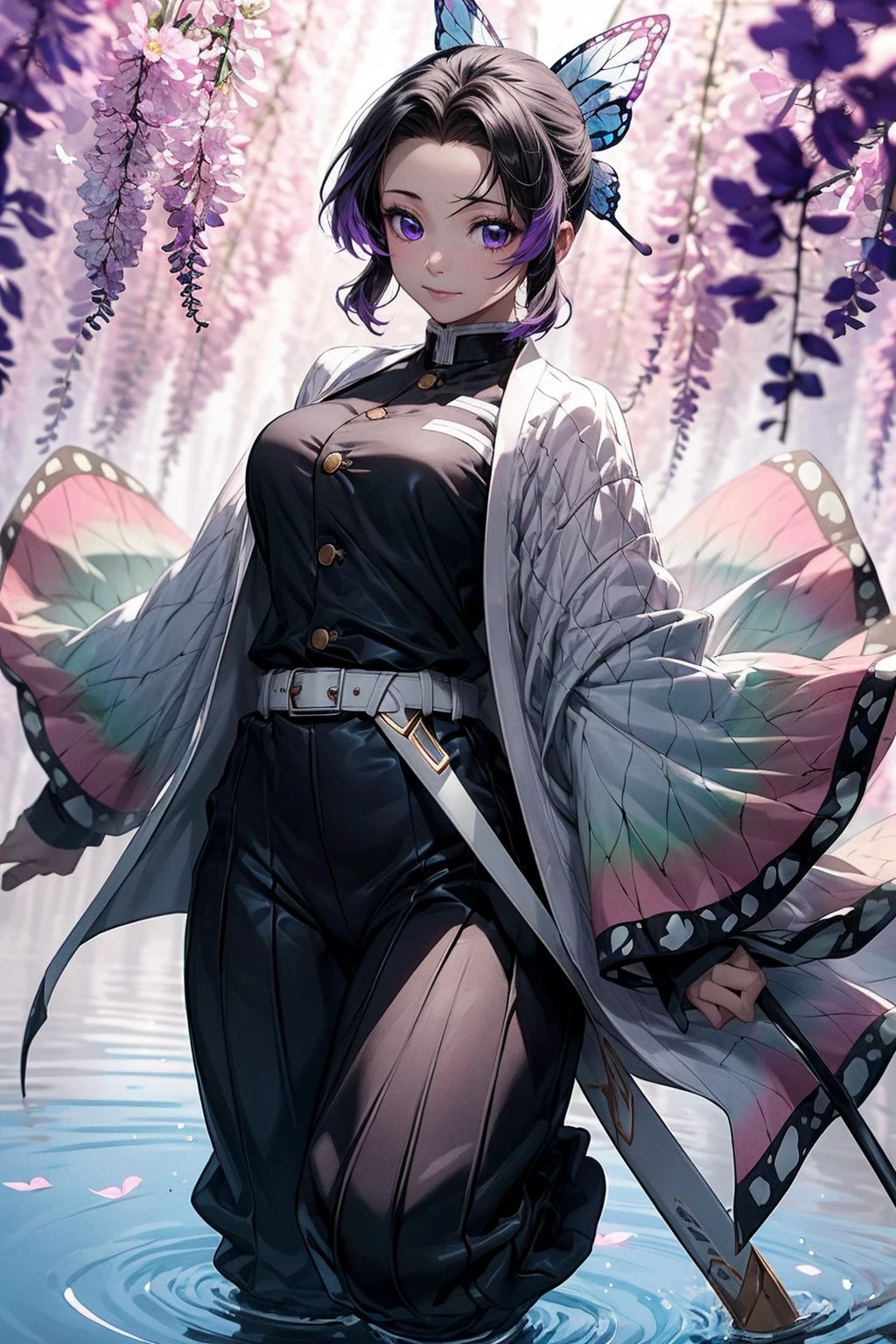 Extremely detailed and high-resolution masterpiece of Kocho Shinobu, the beautiful and deadly Demon Slayer in dynamic action. Add emphasis on the intricate details of her butterfly-themed outfit and the fierce expression on her face. Set the scene on a sunny day, with a serene pond and cherry blossom petals in the background. Use rich colors and volumetric light to create a sense of ethereal beauty and power.