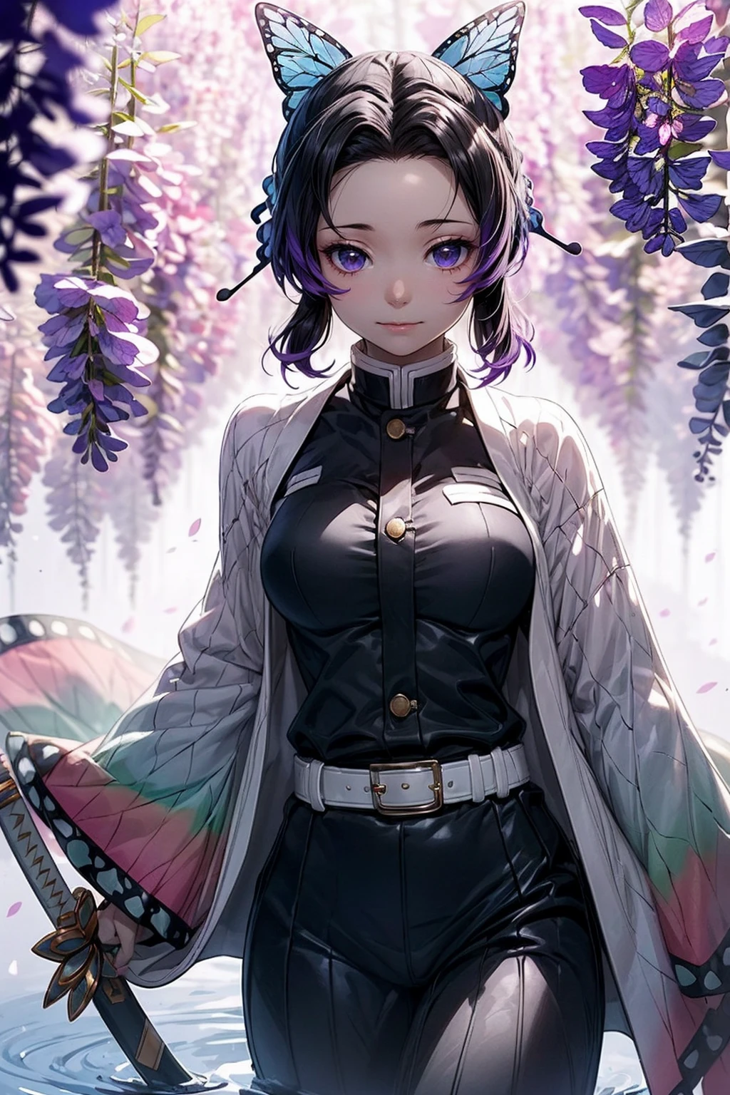 Extremely detailed and high-resolution masterpiece of Kocho Shinobu, the beautiful and deadly Demon Slayer in dynamic action. Add emphasis on the intricate details of her butterfly-themed outfit and the fierce expression on her face. Set the scene on a sunny day, with a serene pond and cherry blossom petals in the background. Use rich colors and volumetric light to create a sense of ethereal beauty and power.