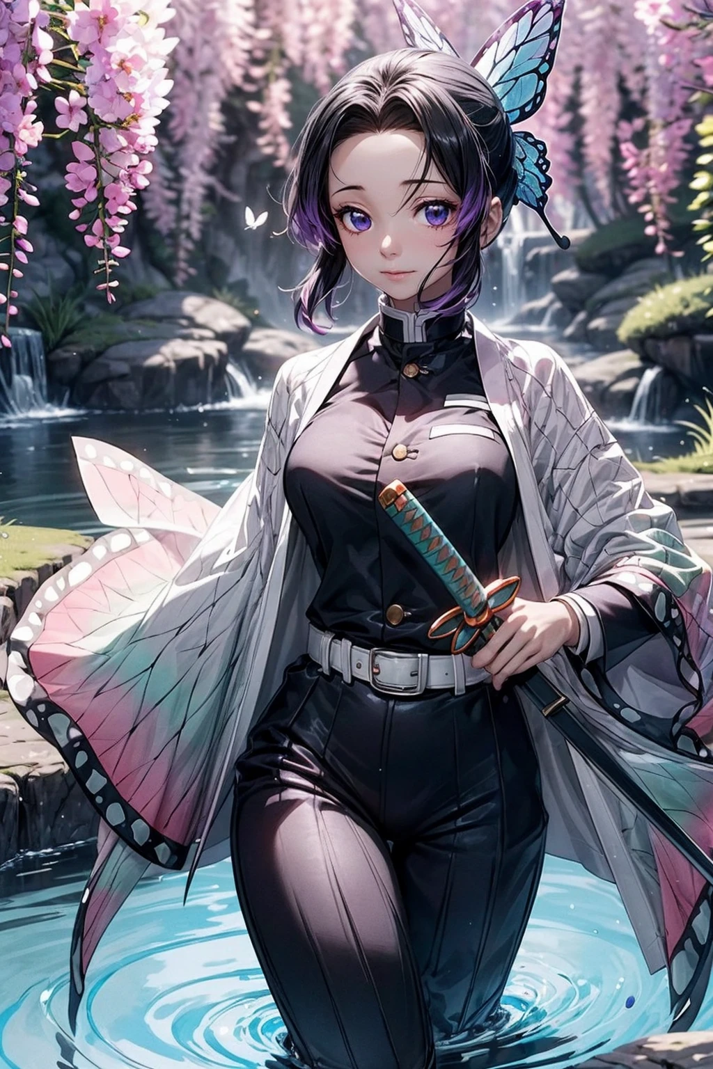 Extremely detailed and high-resolution masterpiece of Kocho Shinobu, the beautiful and deadly Demon Slayer in dynamic action. Add emphasis on the intricate details of her butterfly-themed outfit and the fierce expression on her face. Set the scene on a sunny day, with a serene pond and cherry blossom petals in the background. Use rich colors and volumetric light to create a sense of ethereal beauty and power.
