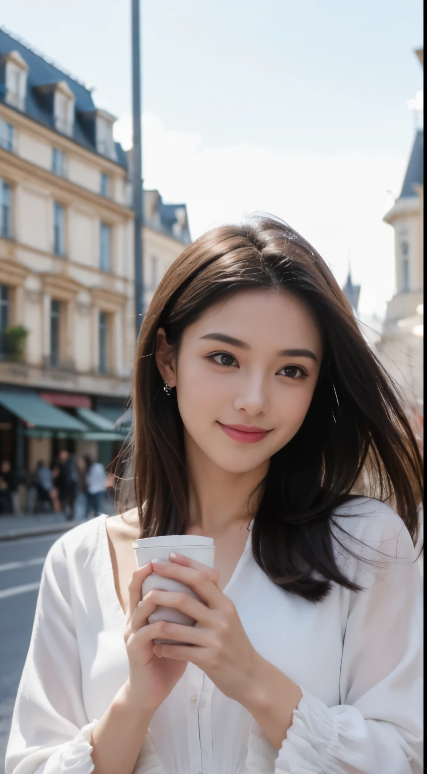 (8K, Photo brute, meilleure qualité)1fille, beau visage, Des cheveux enroulés noirs comme un printemps,humeur mélancolique,Accessoires pour cheveux délicats,Robe de fée blanche,Asseyez-vous et regardez par la fenêtre, café, en plein air,Ciel pluvieux,Bokeh d'arrière-plan,Focaleurs,grain de film, smile