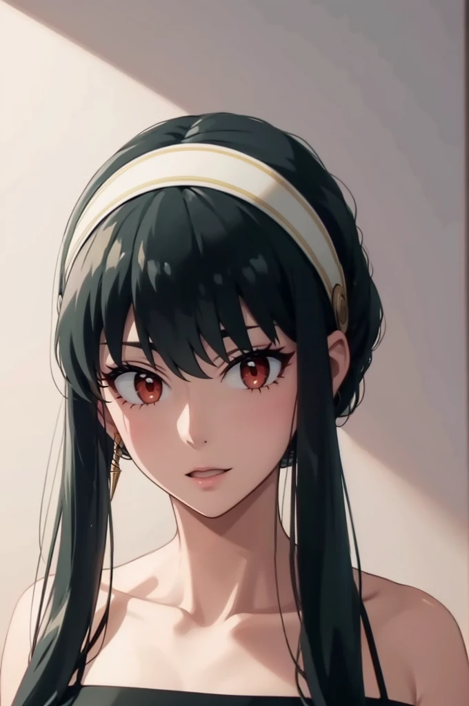 best quality, masterpiece, highres, solo, {yor_briar_spyxfamily:1.15}, black_hair, hairband, red_eyes, sidelocks, white_hairband, jewelry, earrings, bangs, long_hair