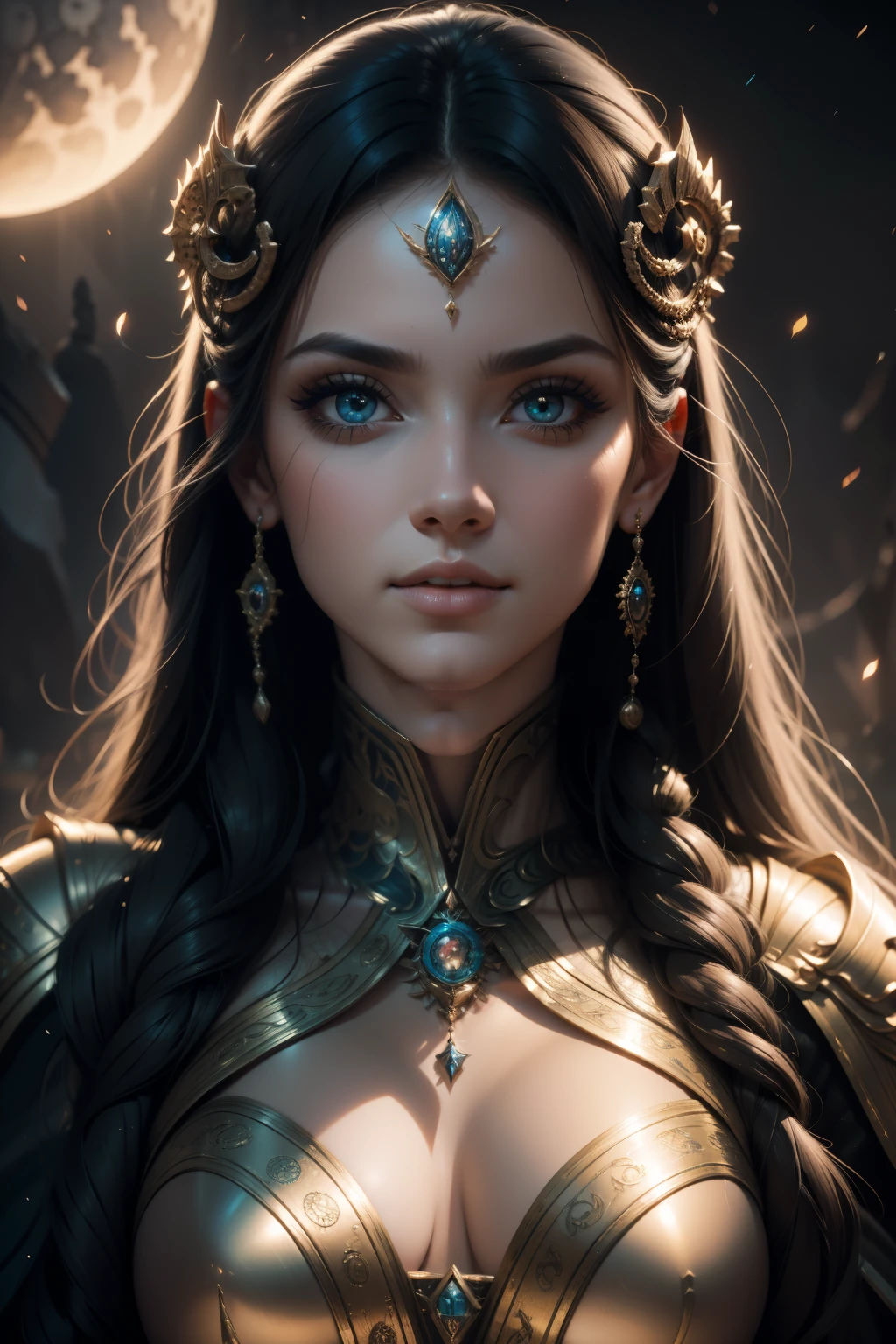 (Mejor calidad,Ultra - detallado,best illustration,Mejor sombra,tmasterpiece,A high resolution,Ilustraciones profesionales,Obras de arte famosas),ojos detallados,ojos hermosos,Escote de primer plano,sci-fy,colored sclera,ojos de robot,Marcas faciales,Tatuado con,(fractalizado,Ojos fractales),ojos grandes,Ojos muy abiertos,(Enfoque ocular),Enfoque de cara,cosmic eyes,Ojos espaciales,Primer plano de la escultura de metal de una mujer con una luna en el pelo,Goddes。Detalles extremadamente altos,3 D Retrato de la Diosa,Extremely detailed images of the goddess,Un impresionante retrato de una diosa,Imagen lateral de la diosa,Retrato de una hermosa diosa,Retrato de cuerpo entero de la diosa,hecate goddess,Portrait of a Norse goddess of the moon,Diosa del espacio y el tiempo