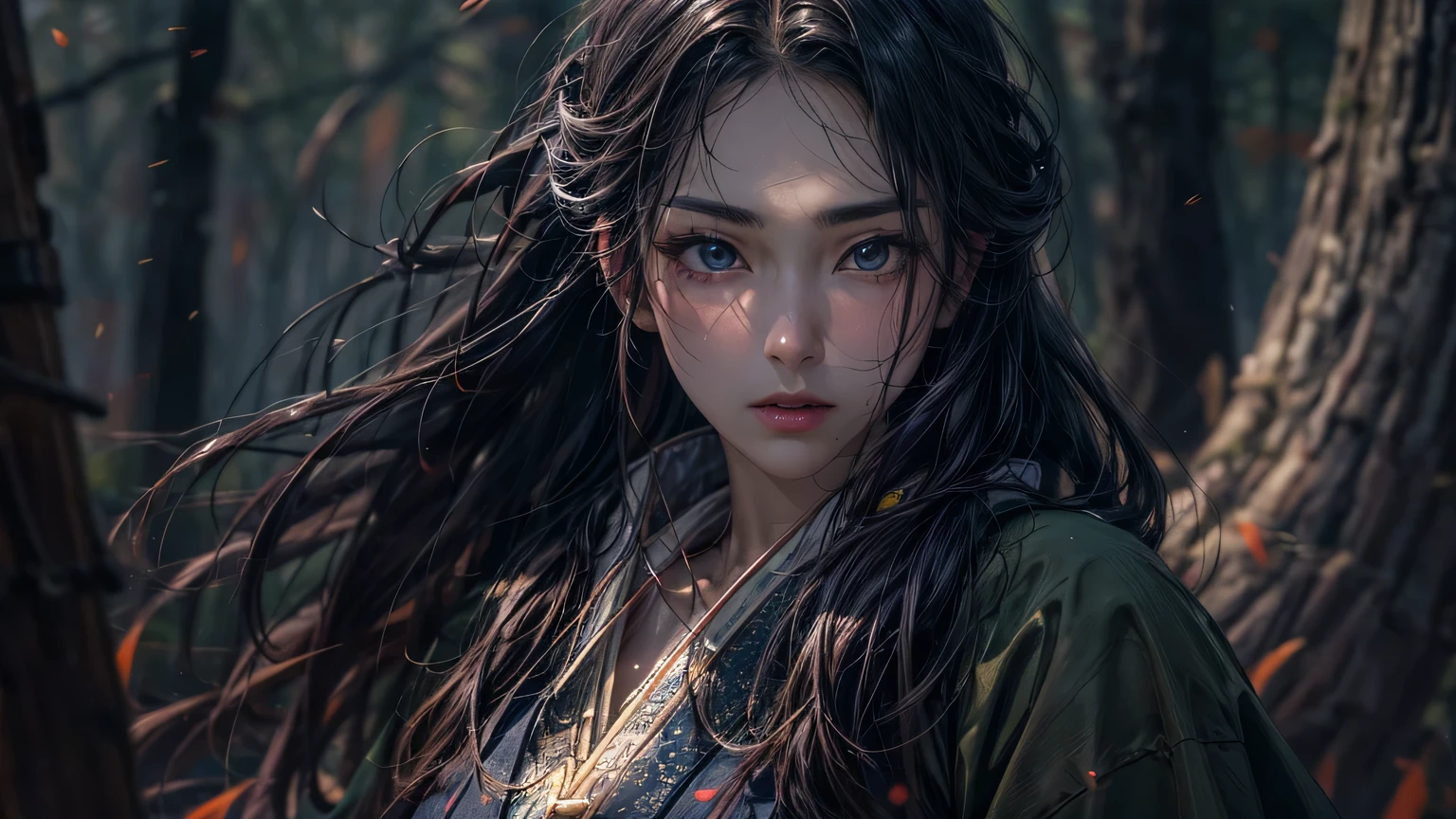 4K, ((very delicate))realistic, high resolution, woman in pine forest, alone, dark night, a ray of moonlight, dark brown hair, long hair, tear, woe, look at the viewer, (detailed face), super super big, 1 long, thin Joseon sword, big bust, thick thighs, enlargement, bikini, Fusion Hanbok, Joseon Dynasty warrior, 25 years old, looking straight ahead,