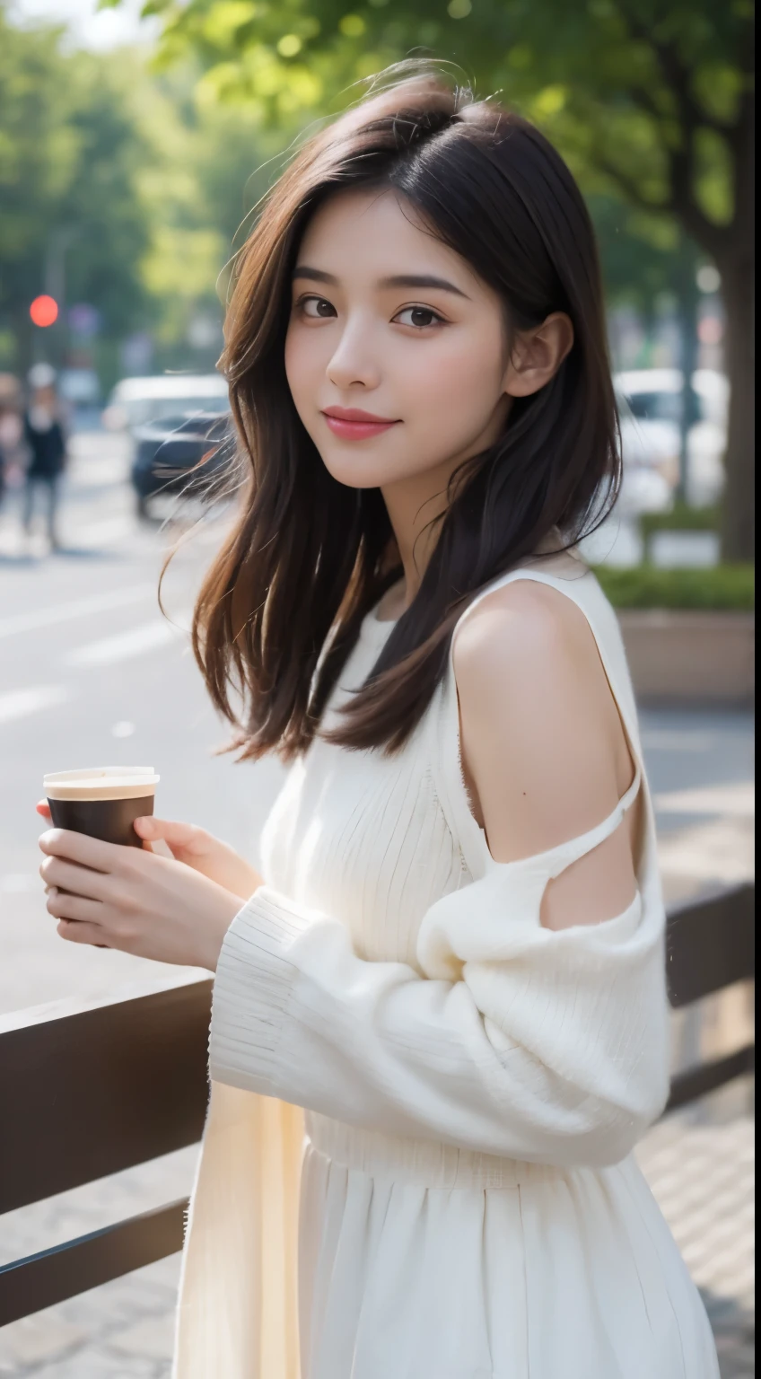 (8K, Photo brute, meilleure qualité)1fille, beau visage, Des cheveux enroulés noirs comme un printemps,humeur mélancolique,Accessoires pour cheveux délicats,Robe de fée blanche,Asseyez-vous et regardez par la fenêtre, café, en plein air,Ciel pluvieux,Bokeh d'arrière-plan,Focaleurs,grain de film, smile