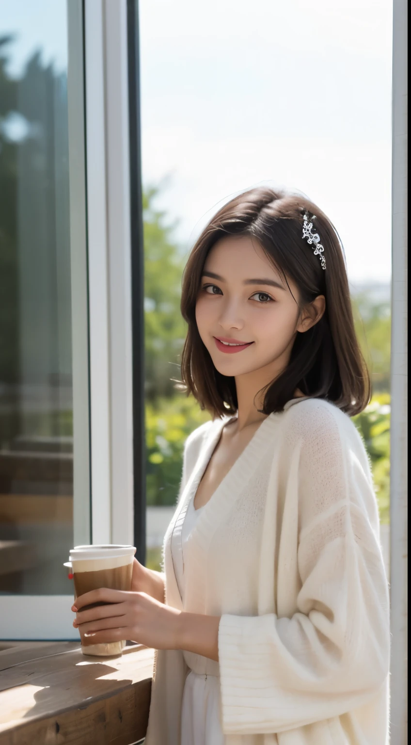 （8K, Photo brute, meilleure qualité）1fille, beau visage, Des cheveux enroulés noirs comme un printemps,humeur mélancolique，Accessoires pour cheveux délicats，Robe de fée blanche，Asseyez-vous et regardez par la fenêtre， café, en plein air,Ciel pluvieux，Bokeh d&#39;arrière-plan，Focaleurs，grain de film, smile