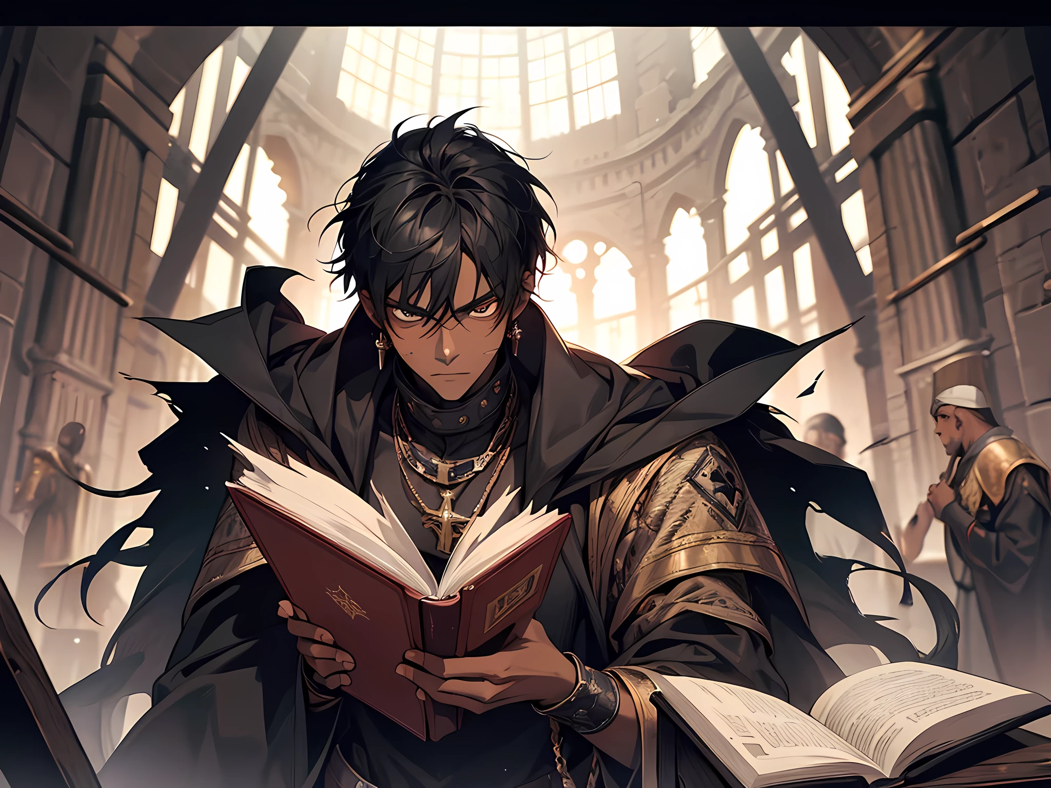 thin young man, dark skin wearing mask, slavery, this man is a slave, black hair, medieval times, torn clothes, ragged oversized clothes, bruised, punch scars, bloody face, reading a book, imprisoned, poor