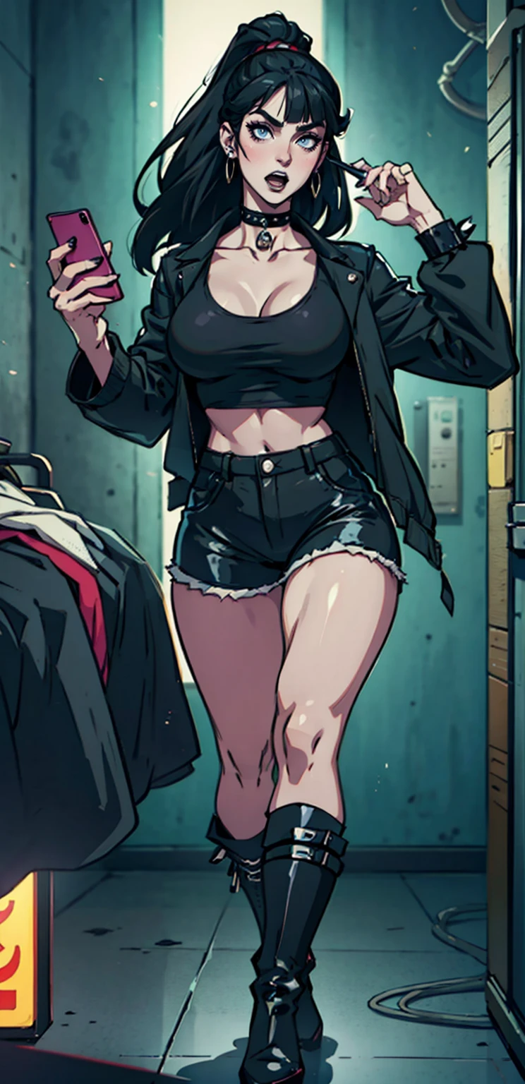 1girl, spiked hair, very short hair, yellow eyes, tan, tan skin, tan-skinned female, black hair, pixie cut, large breasts, hourglass figure, thick thighs, smile, smirk, smug, toned, white shirt, jacket, sneakers, black jacket, shirt, short pants, shorts, standing, full body