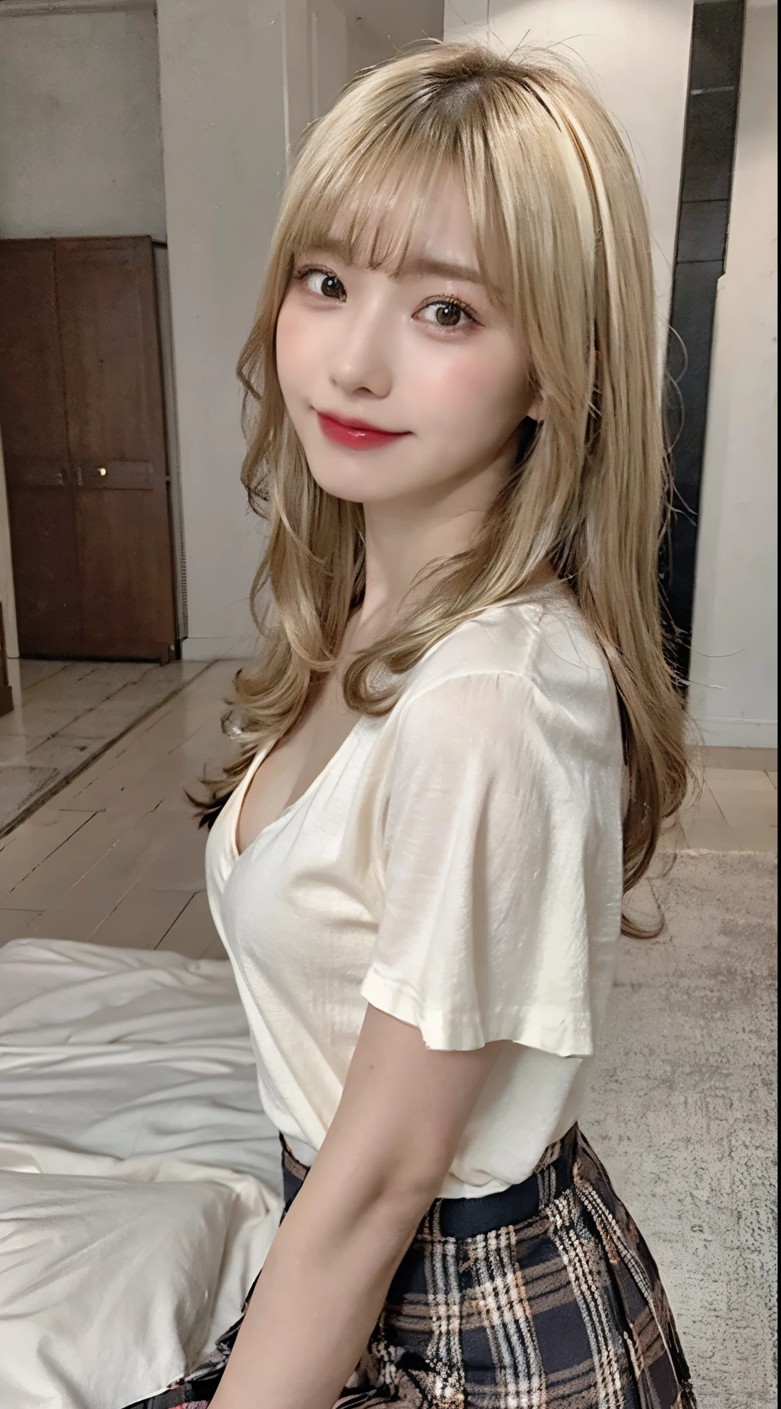 8K RAW photo, highest quality, masterpiece, ultra high resolution, film grain, movie, 1 girl, looking at the viewer, natural skin texture, Realistic eye and face details, full lips, lipstick, (compensate), random hairstyle、lazy smile, close your mouth, beautiful feet, skinny, slim_feet, alone, big 、cleavage, pose with your butt facing yourself, super short skirt, teeth, shirt, beautiful natural location, Around Hanaba, (detailed background), Plaid skirt, white shirt, Show a little cleavage through the shirt, loafers, blurry background, blurry, holding, Plaid, short sleeve, JK ribbon on the neck, JK ribbon, brown hair, bangs, school uniform, jewelry, parted lips, lips, From the side, pleated skirt, Depth of written boundary、((blonde:1.3))、