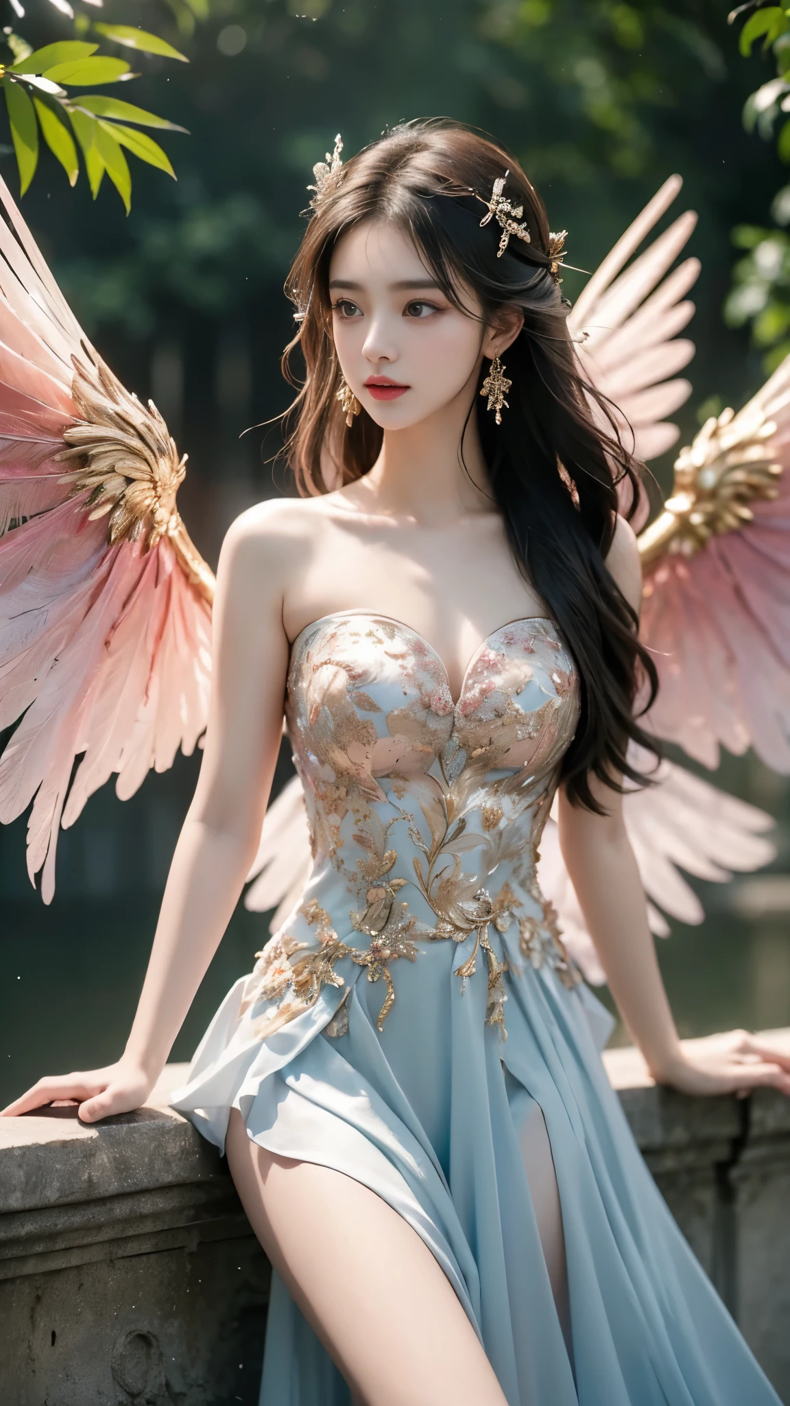 lifu, lifu,strapless dress,feathered wings,pink wings, (masterpiece, best quality:1.2), 1 girl, alone, In the depths of Wonderland,The moonlight falls like water,foggy room,The figure of the heroine is vaguely visible,Just like the fairy in the painting,Slender sexy legs,very nice legs,Show sexy legs,big breasts,美丽而又带着一丝mystery的色彩。Her face is beautiful and delicate,Like finely carved jade,Showing otherworldly beauty。The eyebrows are picturesque,The waves in my eyes are like twinkling stars,Show the light of perseverance and wisdom。The bridge of the nose is straight,Lip color like cherry,The slightly raised corners of the mouth reveal confidence and calmness。Her face is well defined,The skin is as fair as jade,Reveals a healthy glow,Just like fairies, She never eats fireworks in this world。Her makeup is light and delicate,Not too much embellishment,But enough to show her temperament and charm。Light-colored foundation brings out the transparency of the skin,A light eyebrow pencil outlines her perfect eyebrow shape,Eye makeup is eye shadow and eyeliner,Make her eyes brighter and more energetic。嘴唇涂上grace的口红,Adds a bit of charm and sophistication。她的衣服grace别致,Clothes fluttering,It seems like it will be blown up by the wind at any time,drifting into the distance。既不失grace,Also showed off her extraordinary skills。Rocking with her movements。Her hair is tied back casually,Secure it with a hosta,A few strands of hair flutter gently in the wind,Adds a bit of softness。Her figure is looming in the fairyland,宛如一道big breasts美丽的风景线,Attracted everyone's concern。She seems to be a fairy in wonderland,big breasts美丽、grace、mystery、and full of power。