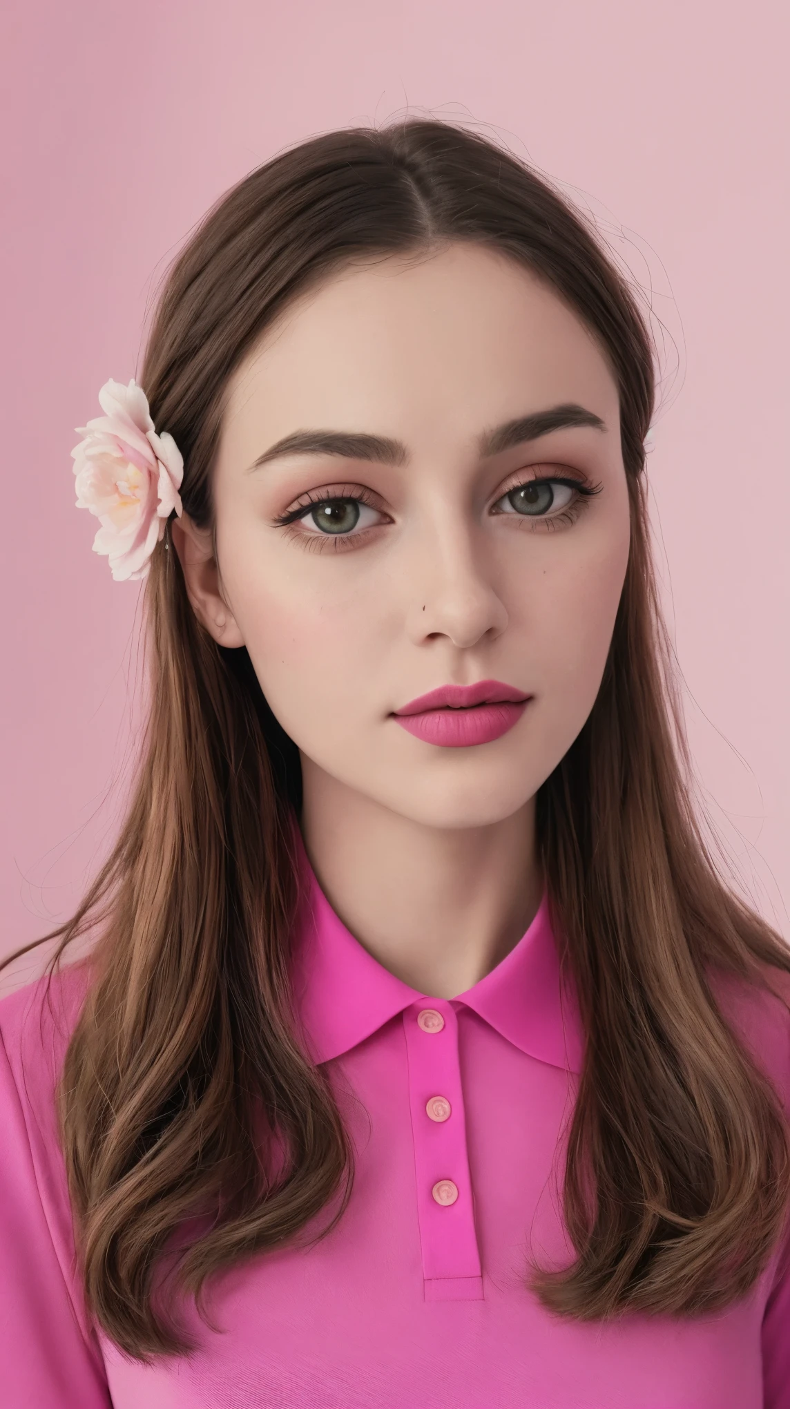 tiktok photo of 37 years old woman, closeup, RAW, masterpiece, realistic, hyper realistic, muted color, film grain,
looking at viewer, polo's pastel perfection looking 80s casual soft collars, fascinating,
wearing Magenta dress flower,
