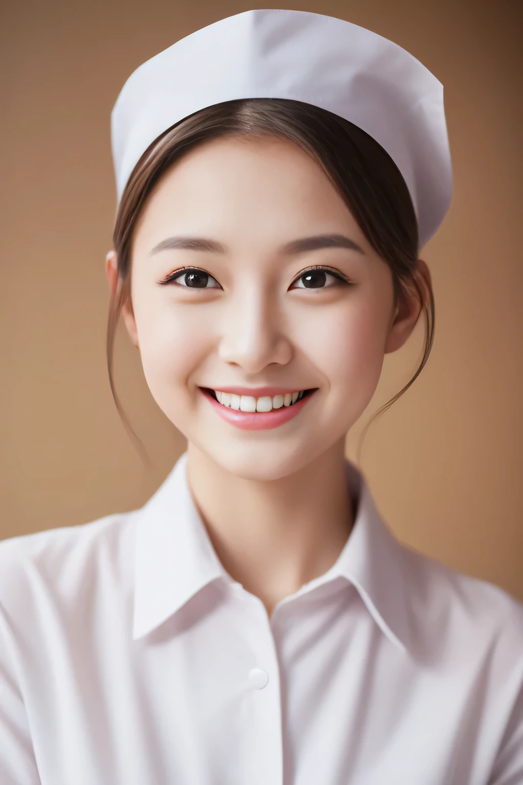 Miss Cabaret、white nurse uniform、1 person、high quality、surreal、healthy、smile、Perfect slender figure、beauty of japan、beautiful eyes、perfect face、beautiful skin、The background is pink
