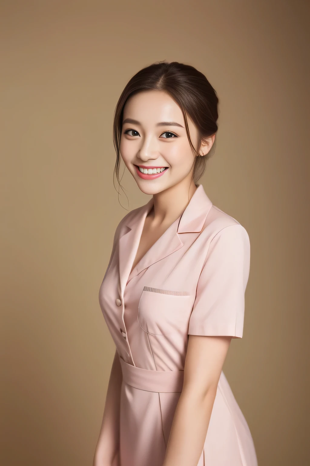 Miss Cabaret、white nurse uniform、1 person、high quality、surreal、healthy、smile、Perfect slender figure、beauty of japan、beautiful eyes、perfect face、beautiful skin、The background is pink