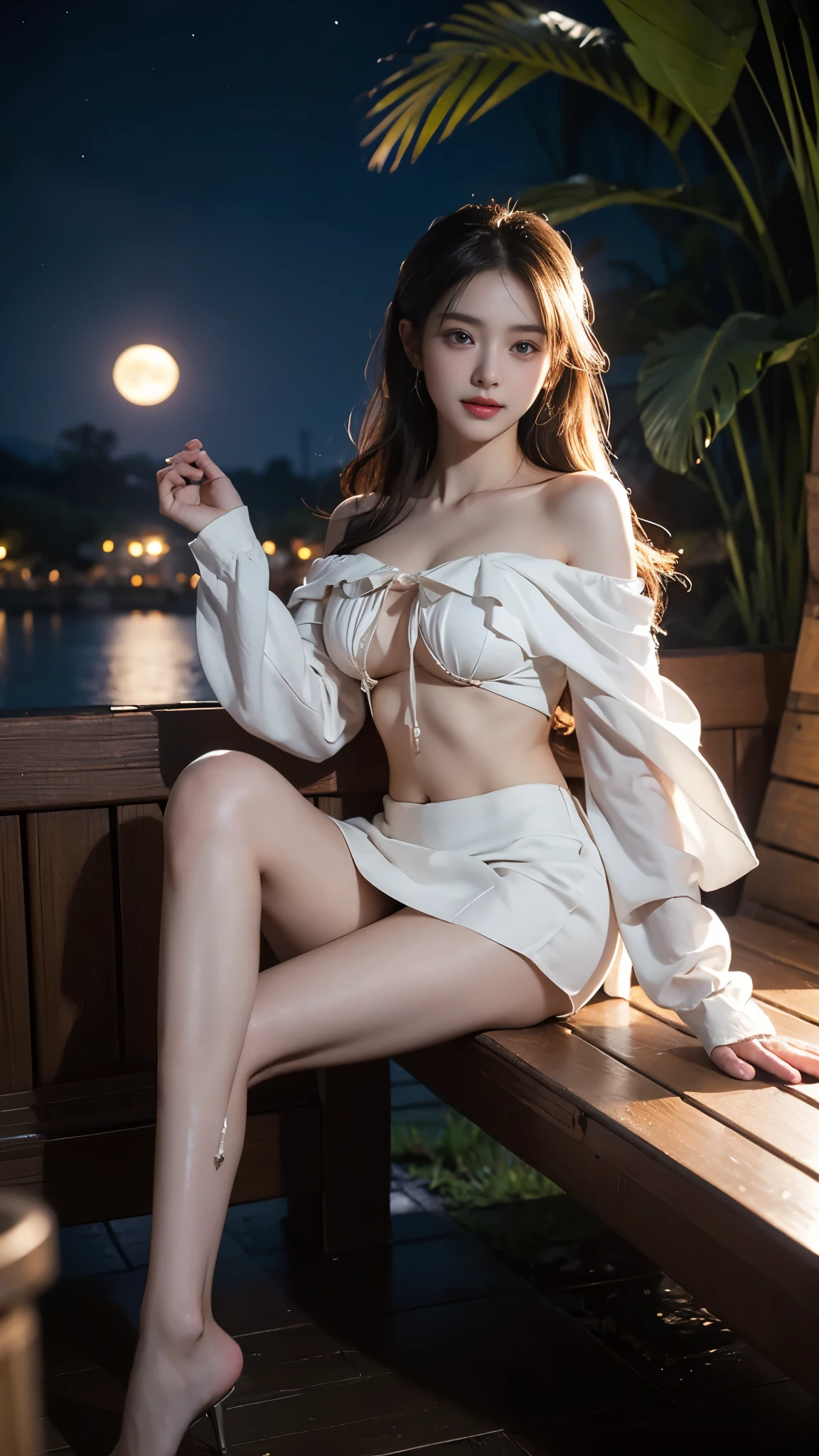 yuicere,midriff,white_skirt, (masterpiece, best quality:1.4), ((off shoulder clothes)), 1 girl, alone, In the depths of Wonderland, A very beautiful woman, slender woman, correct limbs, right hand, in the darkness, night, night view, moonlight, antique buildings, sitting position, Sit on a wooden bench, bamboo huts, plant, Soaked all over, wet hair, pretty face, masterpiece, original photo, best quality, detail, lifelike, Very detailed, official art, (extremely beautiful face, beautiful lips, Nice big eyes), detail的脸, A plump chest, cleavage, Slender sexy legs, Leaking legs, Very nice legs, sexy pose, grace, bright smile, Show off your exquisite figure and graceful curves, Ray tracing