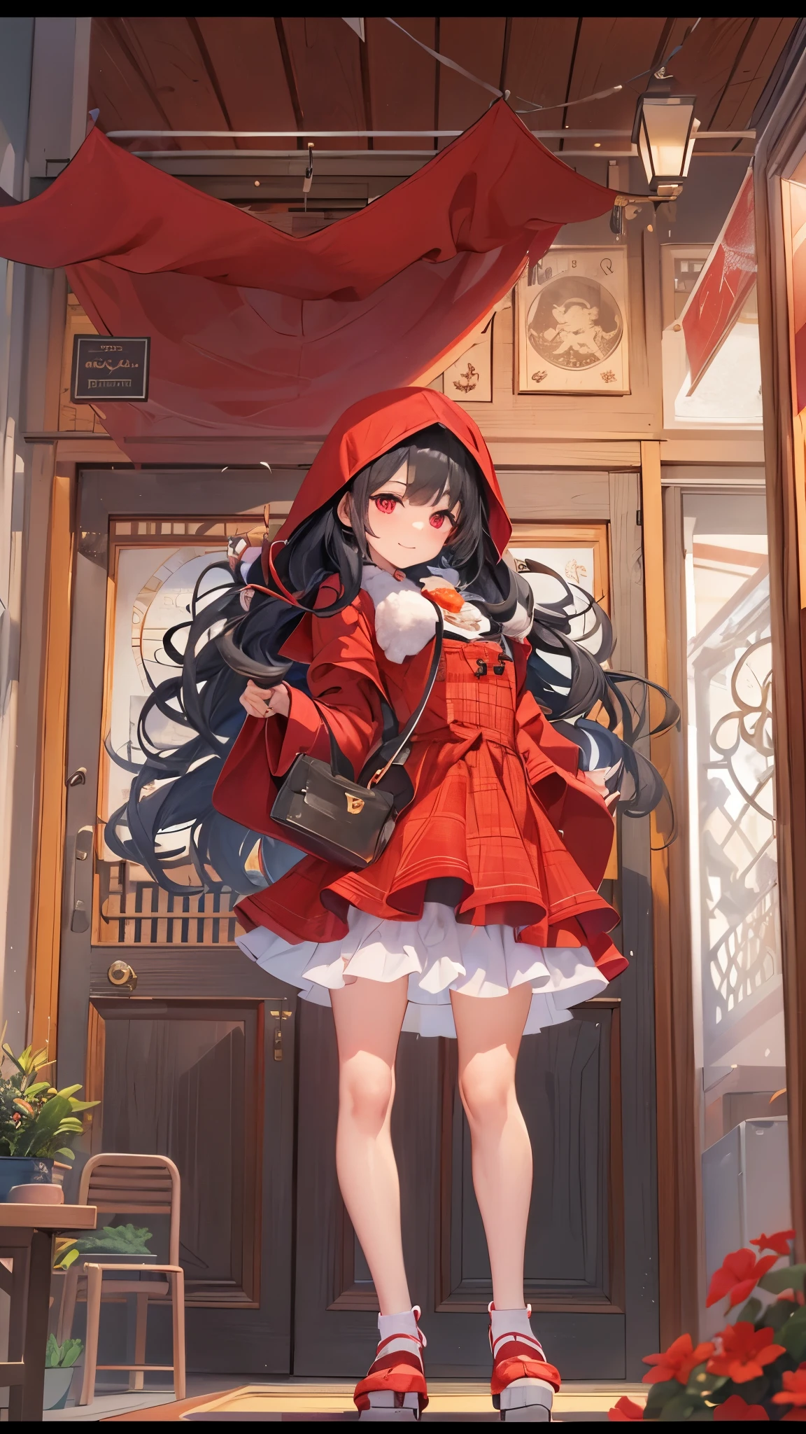 in the school classroom front door, ((spread arms)) frontal upper-body (solo curly black hair long hair cute girl, 14 yo, cute closed red eyes smile, ((head is red hood)), body is robe with ruffles, long skate, break, masterpiece:1.2, beautiful detailed grow, best quarity.