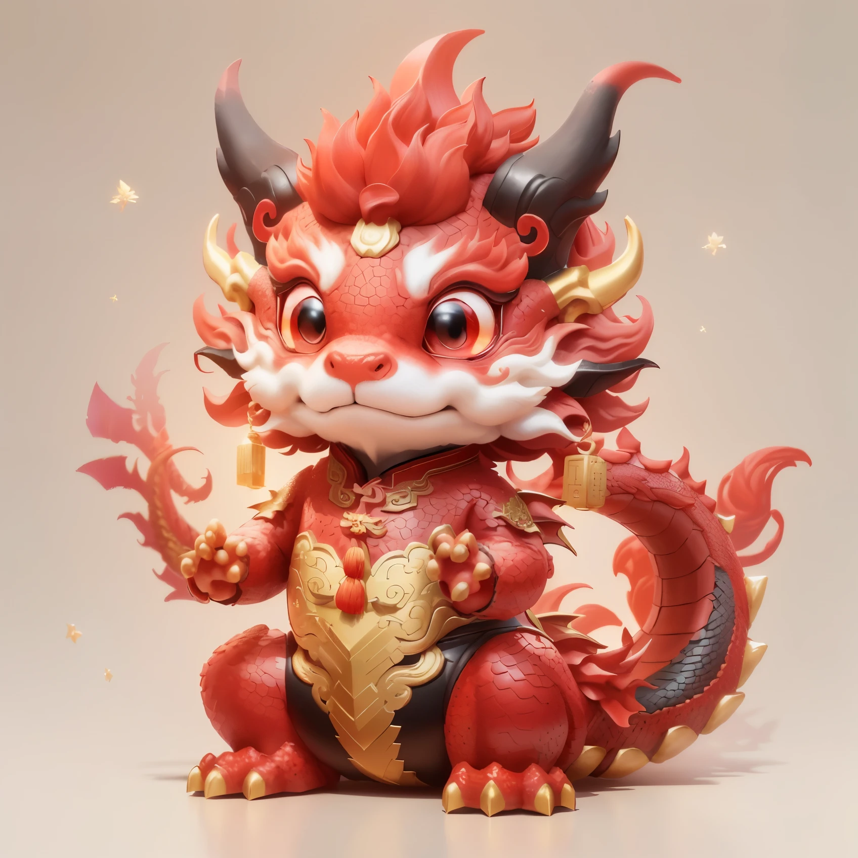 There is a statue of a red dragon，Holding a bunch of firecrackers，There are gold and red decorations, 光滑的Chinese dragon, 8k octave rendering photo, colored zbrush render, 3D model of Japanese mascot, Chinese Silk 3D Dragon, 3D rendering stylization, Chinese dragon概念艺术, Inspired by Puhua, Chinese dragon, Cute little dragon, Red realistic 3D rendering, Ultra-detailed rendering，