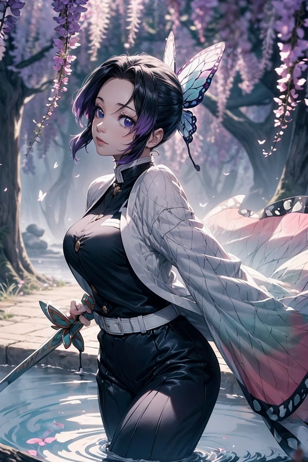 Extremely detailed and high-resolution masterpiece of Kocho Shinobu, the beautiful and deadly Demon Slayer in dynamic action. Add emphasis on the intricate details of her butterfly-themed outfit and the fierce expression on her face. Set the scene on a sunny day, with a serene pond and cherry blossom petals in the background. Use rich colors and volumetric light to create a sense of ethereal beauty and power.