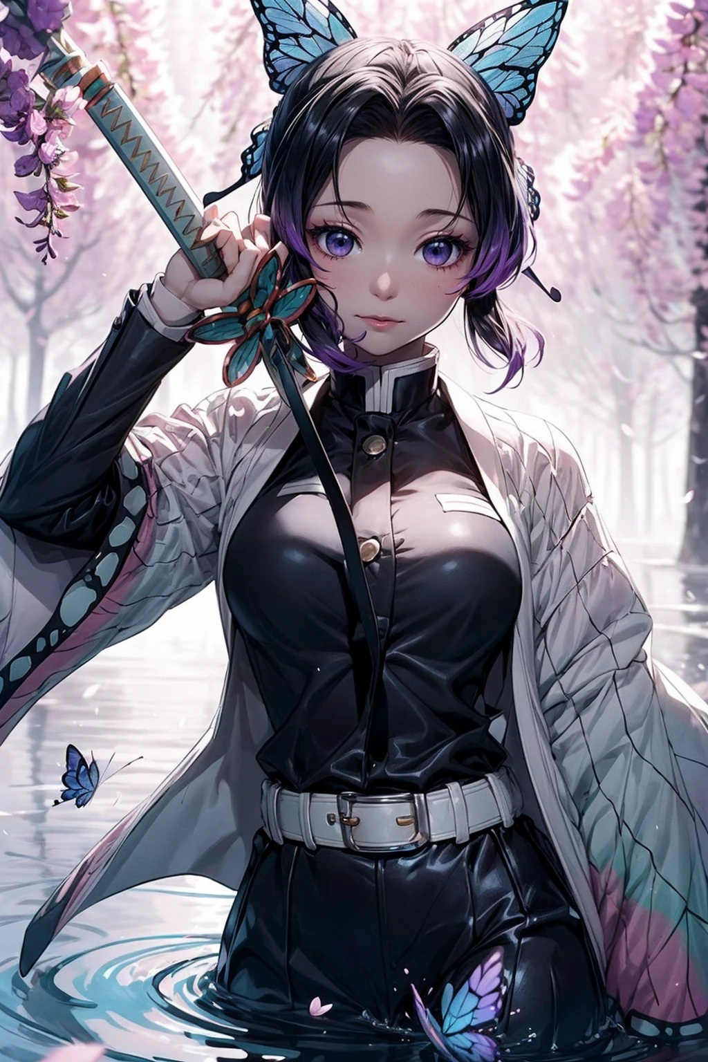 Extremely detailed and high-resolution masterpiece of Kocho Shinobu, the beautiful and deadly Demon Slayer in dynamic action. Add emphasis on the intricate details of her butterfly-themed outfit and the fierce expression on her face. Set the scene on a sunny day, with a serene pond and cherry blossom petals in the background. Use rich colors and volumetric light to create a sense of ethereal beauty and power.