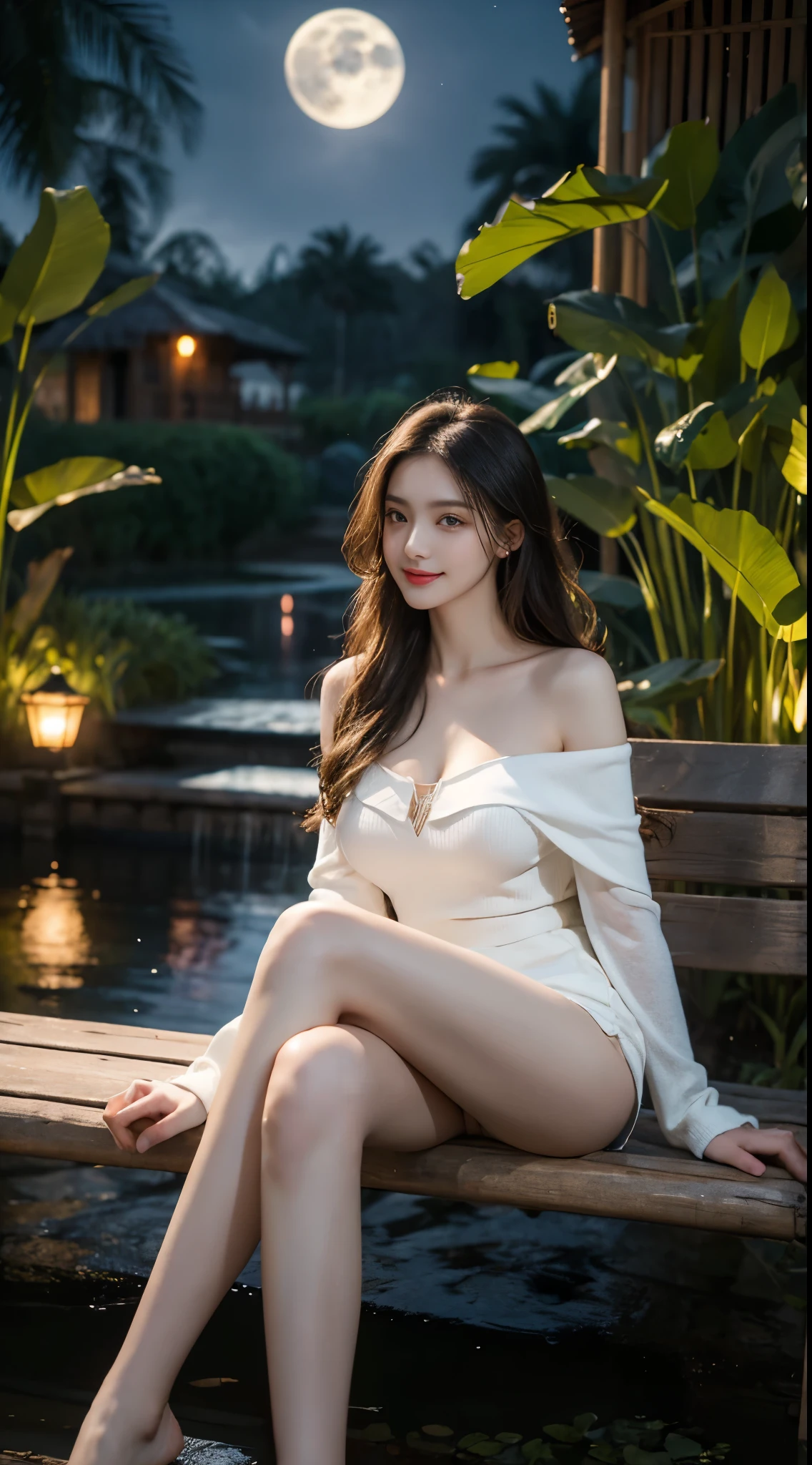 (masterpiece, best quality:1.4), ((off shoulder clothes)), 1girl, alone, In the depths of Wonderland, A very beautiful woman, slender woman, Solve the problem correctly, correct limbs, right hand, in the darkness, night, night view, moonlight, antique buildings, sitting position, Sit on a wooden bench, bamboo huts, plant, Soaked all over, wet hair, pretty face, masterpiece, original photo, best quality, detail, lifelike, Very detailed, official art, (extremely beautiful face, beautiful lips, Nice big eyes), detail的脸, A plump chest, cleavage, Slender sexy legs, Leaking legs, Very nice legs, sexy pose, grace, bright smile, Show off your exquisite figure and graceful curves, Ray tracing