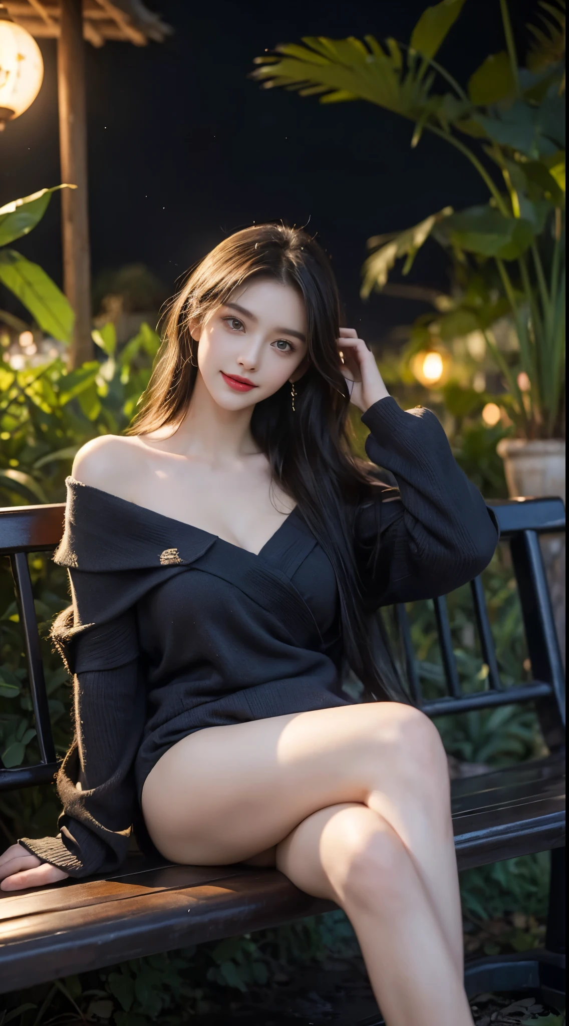 (masterpiece, best quality:1.4), ((off shoulder clothes)), 1girl, alone, In the depths of Wonderland, A very beautiful woman, slender woman, Solve the problem correctly, correct limbs, right hand, in the darkness, night, night view, moonlight, antique buildings, sitting position, Sit on a wooden bench, bamboo huts, plant, Soaked all over, wet hair, pretty face, masterpiece, original photo, best quality, detail, lifelike, Very detailed, official art, (extremely beautiful face, beautiful lips, Nice big eyes), detail的脸, A plump chest, cleavage, Slender sexy legs, Leaking legs, Very nice legs, sexy pose, grace, bright smile, Show off your exquisite figure and graceful curves, Ray tracing