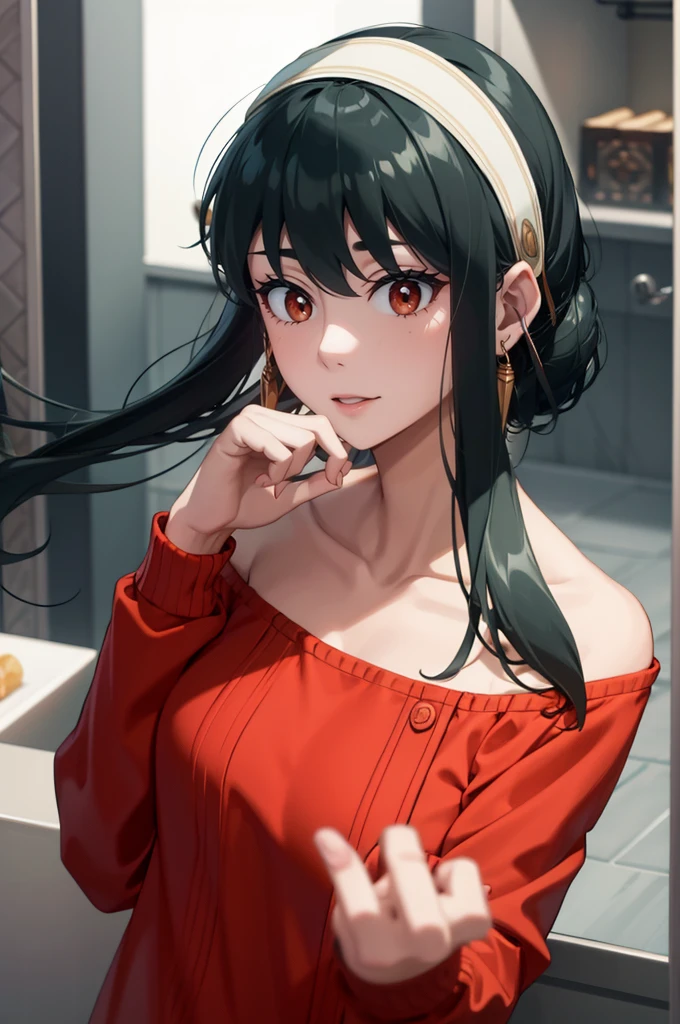 hight resolution、​masterpiece、1girl in、Bjorf、A dark-haired、short hair with long locks、white hairband、Look up、Kamimei、bending forward、smile、Bring your face closer、Red Eyes、Gold Earrings、Jewelry、off shoulders、Red Sweater、long-sleeve