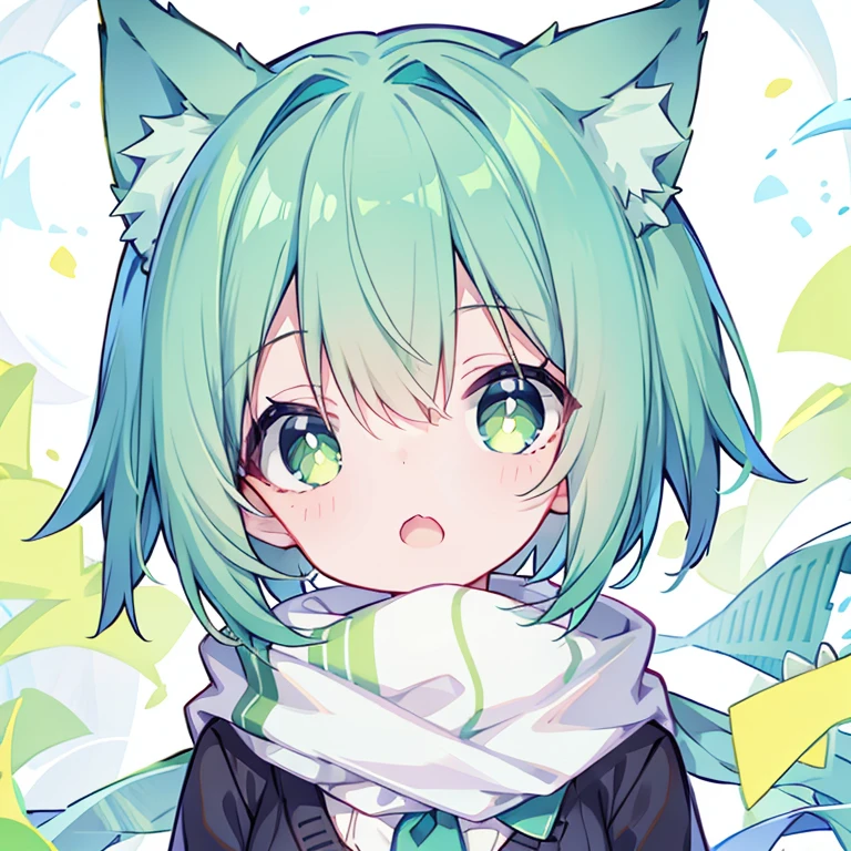 shining eyes、small breasts、Childish clothes、big mouth、Cat ear、light green hair、bob hair、scarf