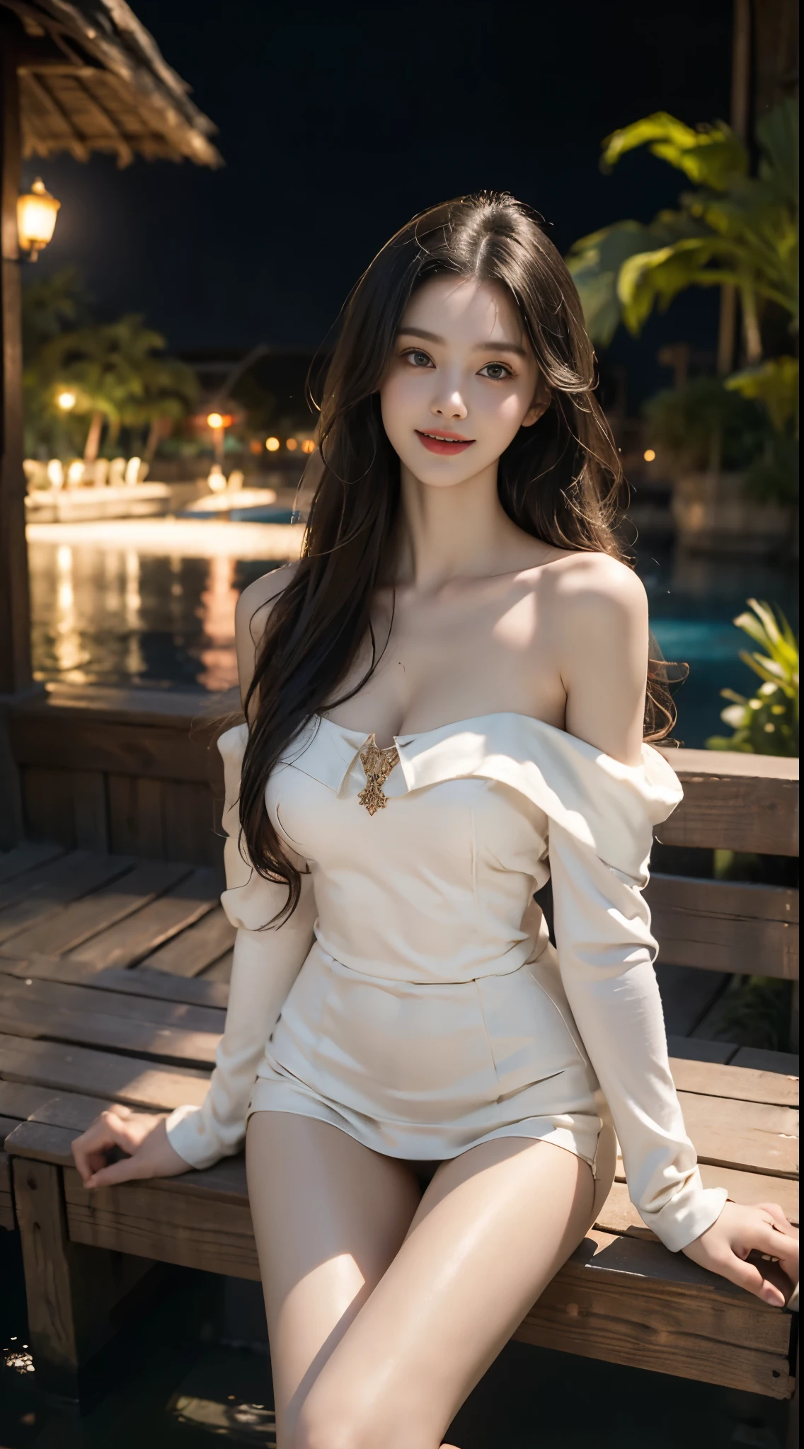 (masterpiece, best quality:1.4), ((off shoulder clothes)), 1girl, alone, In the depths of Wonderland, A very beautiful woman, slender woman, Solve the problem correctly, correct limbs, right hand, in the darkness, night, night view, moonlight, antique buildings, sitting position, Sit on a wooden bench, bamboo huts, plant, Soaked all over, wet hair, pretty face, masterpiece, original photo, best quality, detail, lifelike, Very detailed, official art, (extremely beautiful face, beautiful lips, Nice big eyes), detail的脸, A plump chest, cleavage, Slender sexy legs, Leaking legs, Very nice legs, sexy pose, grace, bright smile, Show off your exquisite figure and graceful curves, Ray tracing