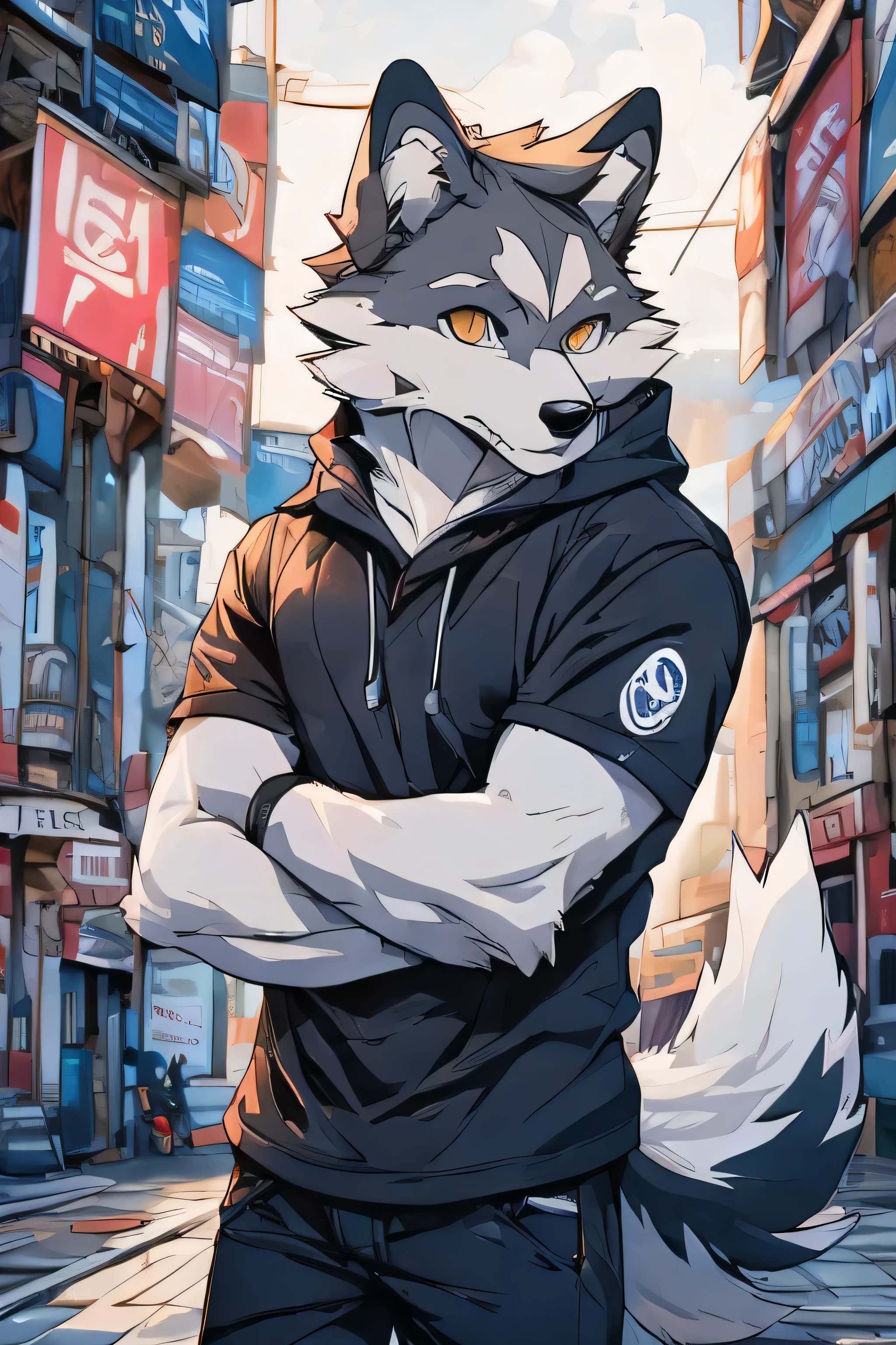 8k, Super details, precise, best quality,8k, Super details, precise, best quality,furry,fur,body fur,City,street,alone,short sleeves,rest,wolf boy,canine,Extending white paws and pink pads,different students,There is a red V-shaped stripe on the forehead,There are cloud-like patterns on the arms, Realistic style, Rich plush texture, The fur is very fine, animal personification